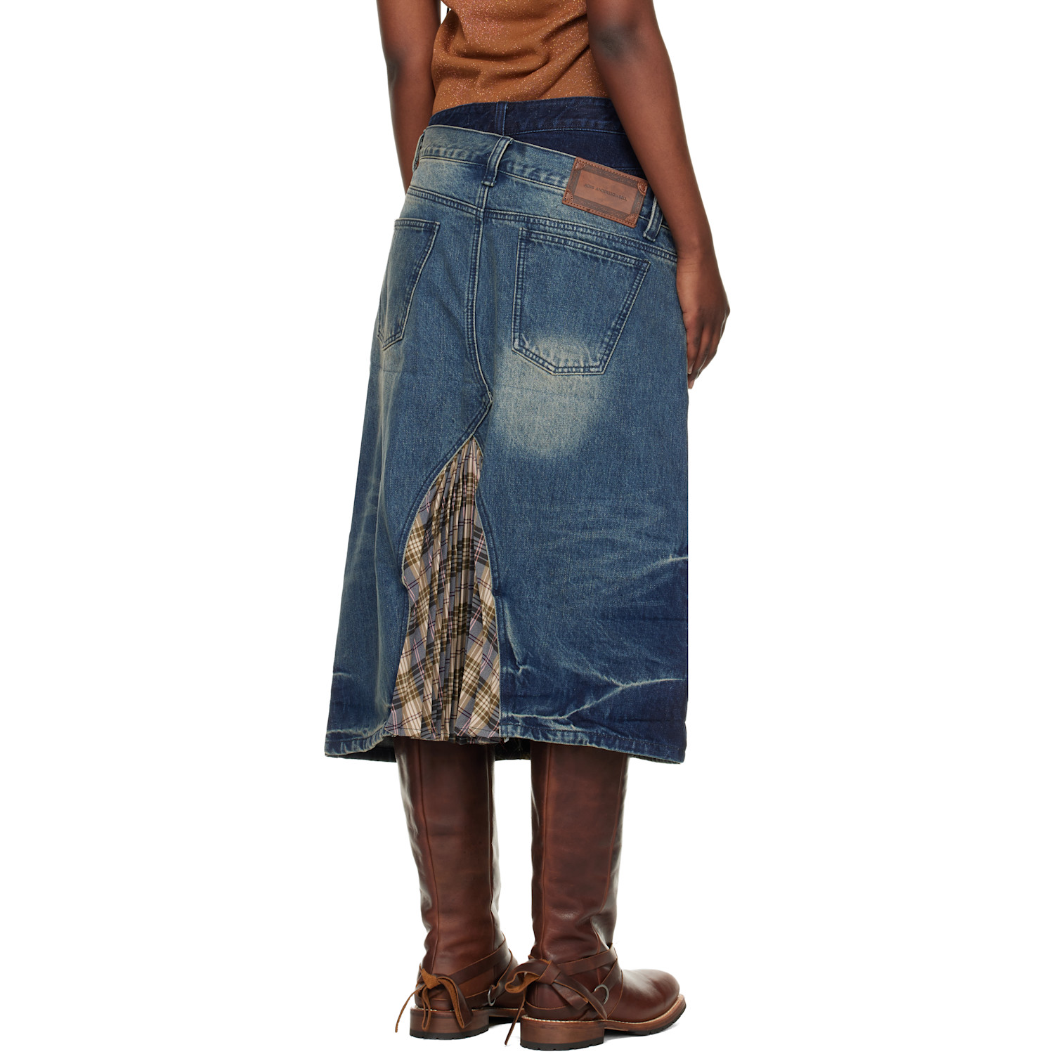  Andersson Bell Blue & Khaki Pleats Combo Flipped Denim Midi Skirt 