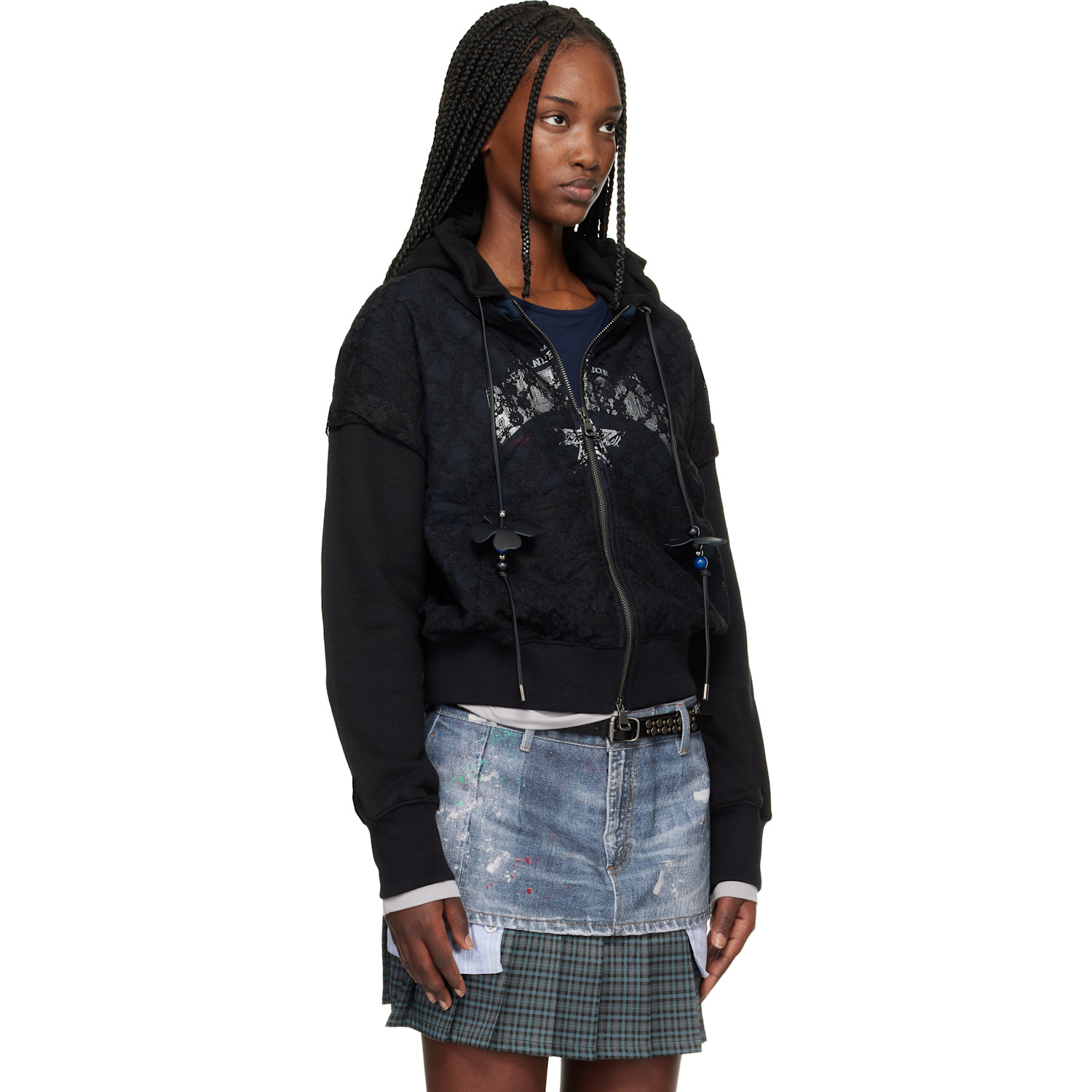  Andersson Bell Black & Navy Lace Layered Zip Up Hoodie 
