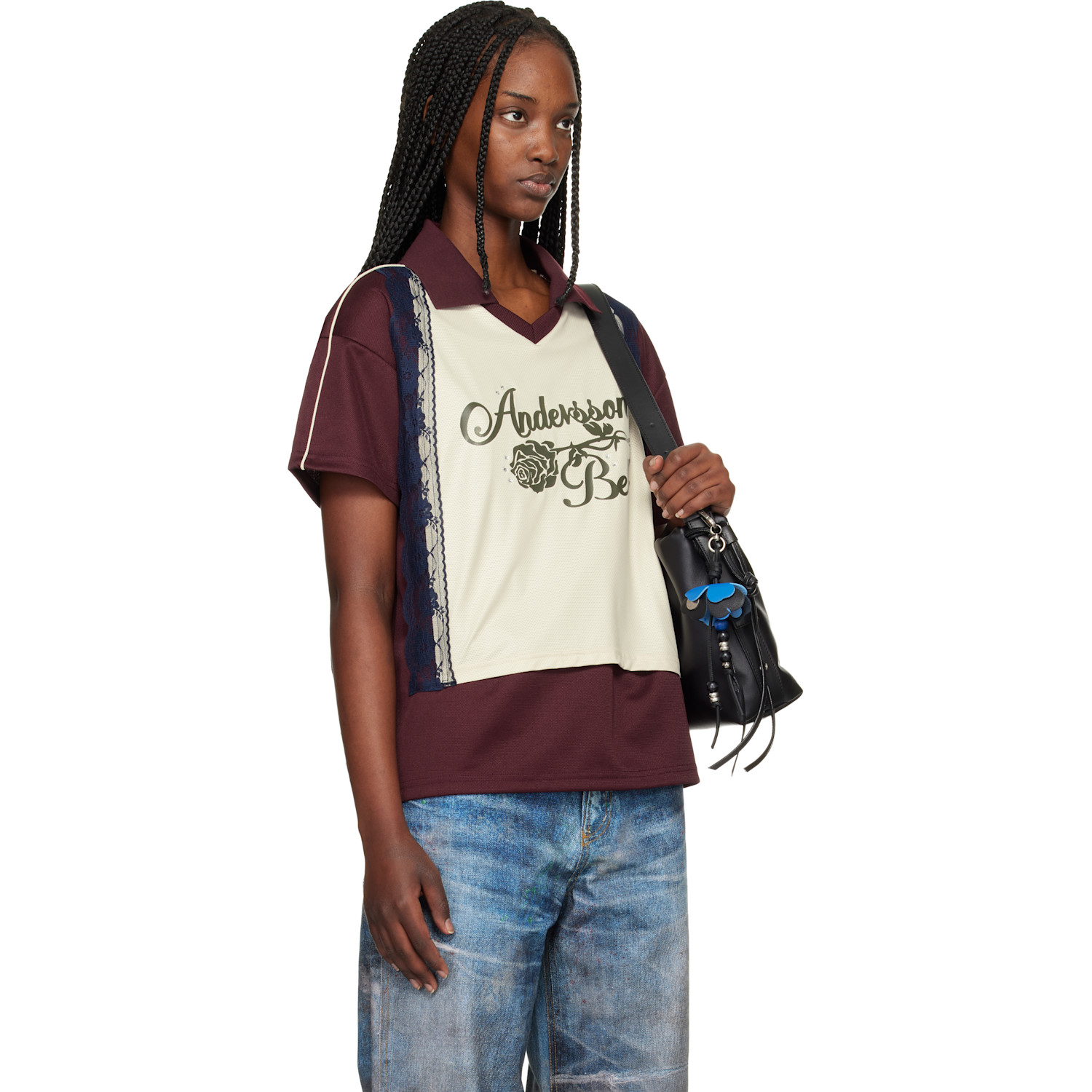  Andersson Bell Burgundy & Off-white Lace Trimmed Jersey Polo 