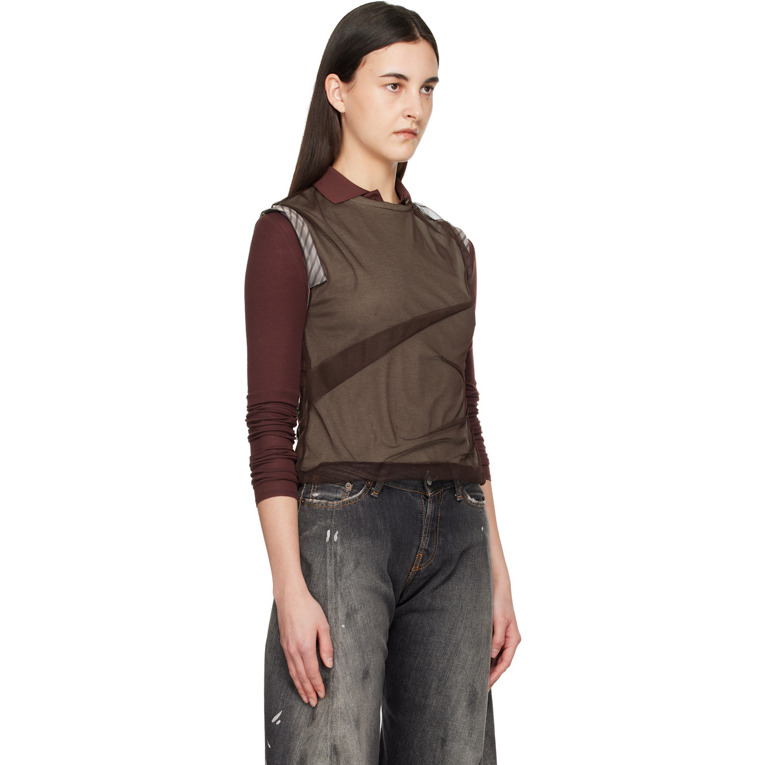  Andersson Bell Brown Layered Mesh Tuck & Dart Top 