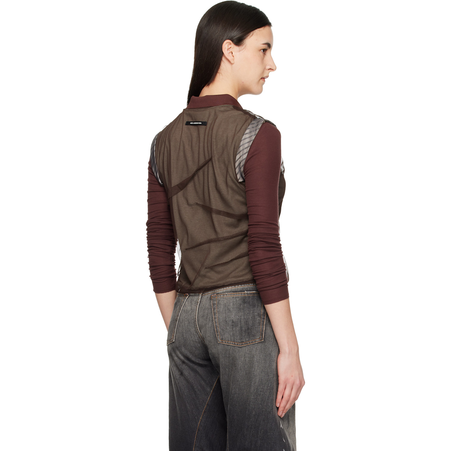  Andersson Bell Brown Layered Mesh Tuck & Dart Top 