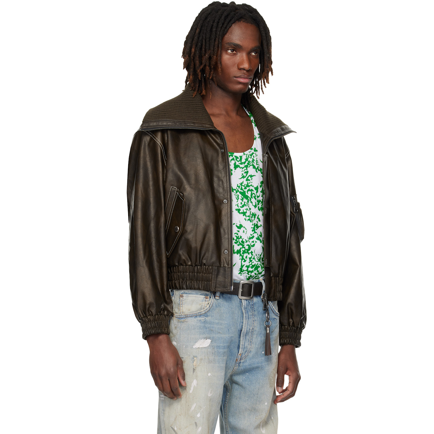  Andersson Bell Brown Knit-collar Ma-1 Faux-leather Bomber Jacket 