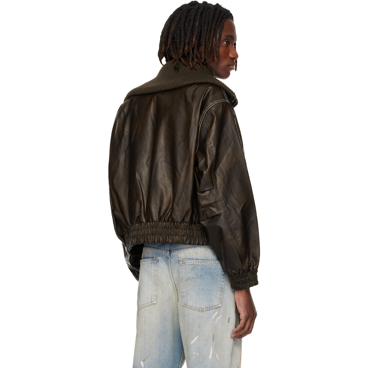  Andersson Bell Brown Knit-collar Ma-1 Faux-leather Bomber Jacket 