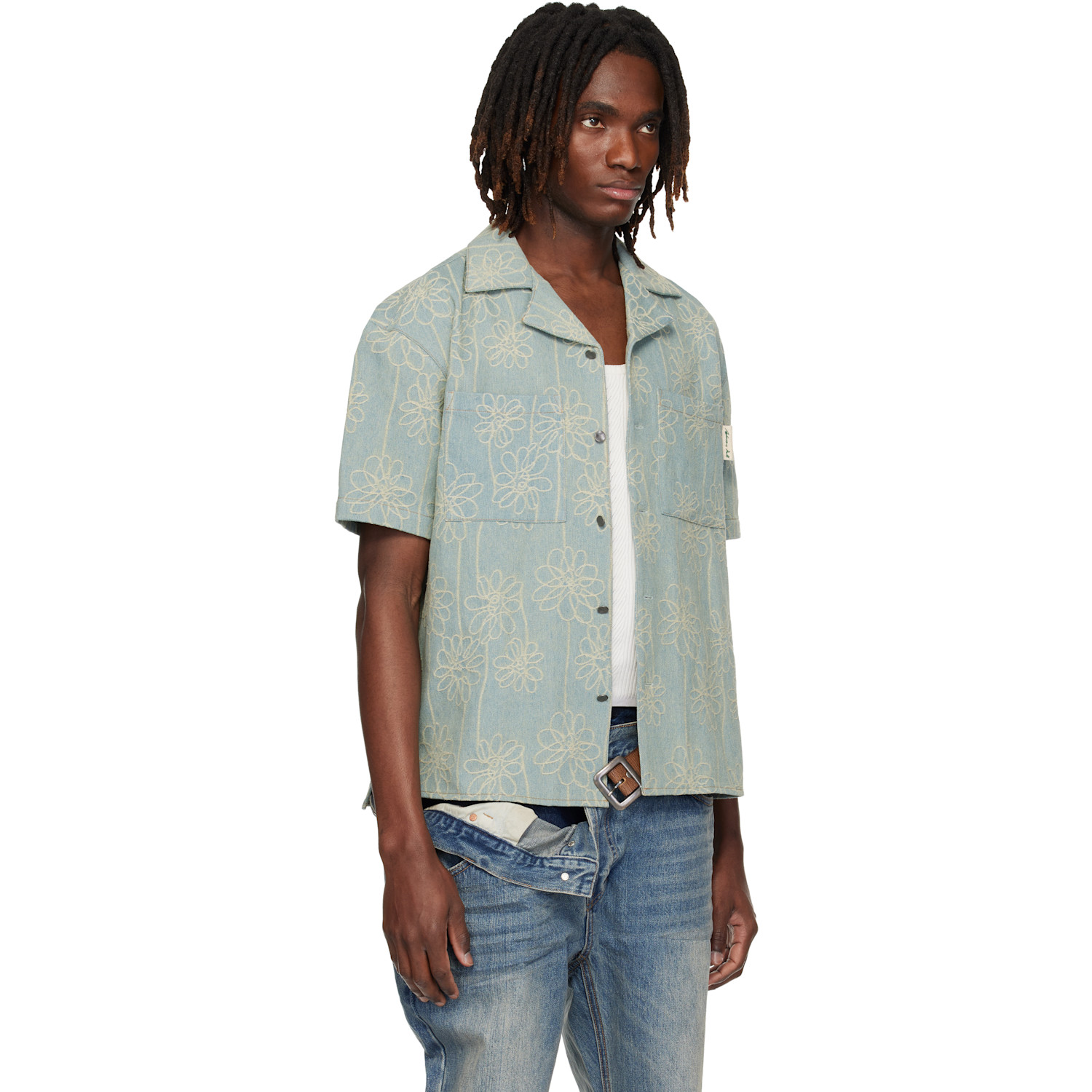  Andersson Bell Blue Flower Embroidery Open Collar Denim Shirt 