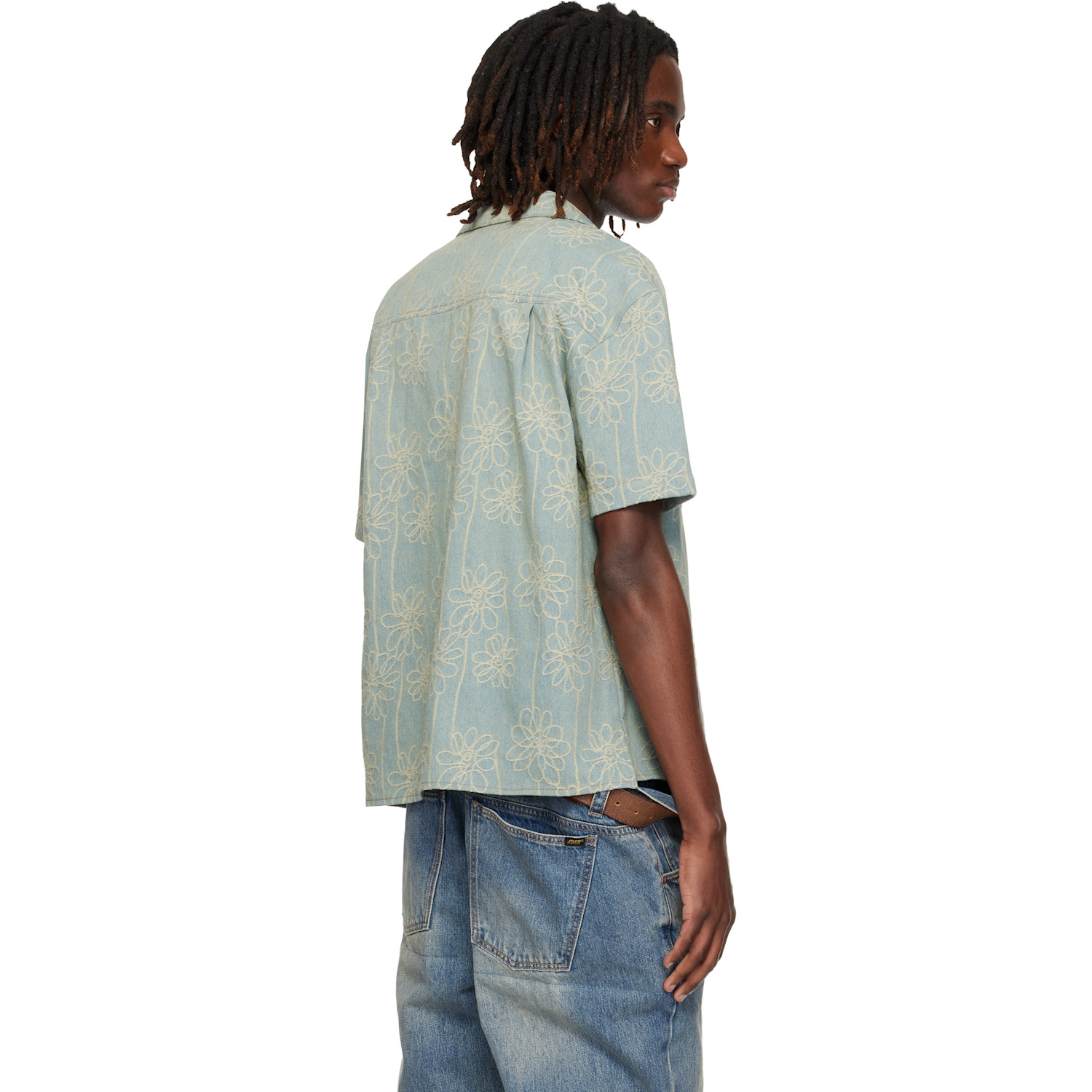  Andersson Bell Blue Flower Embroidery Open Collar Denim Shirt 