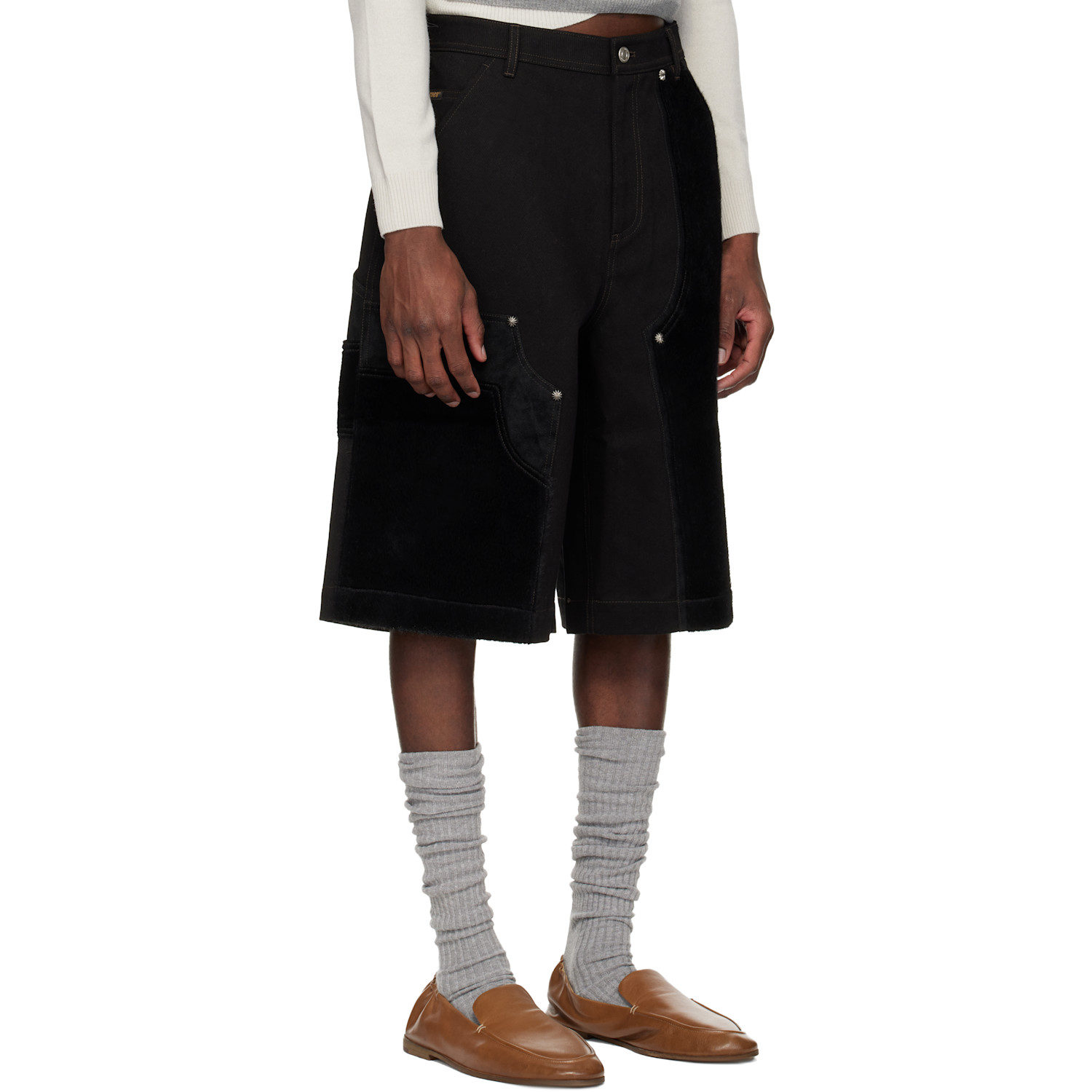  Andersson Bell Black Faux Pony Patchwork Carpenter Shorts 
