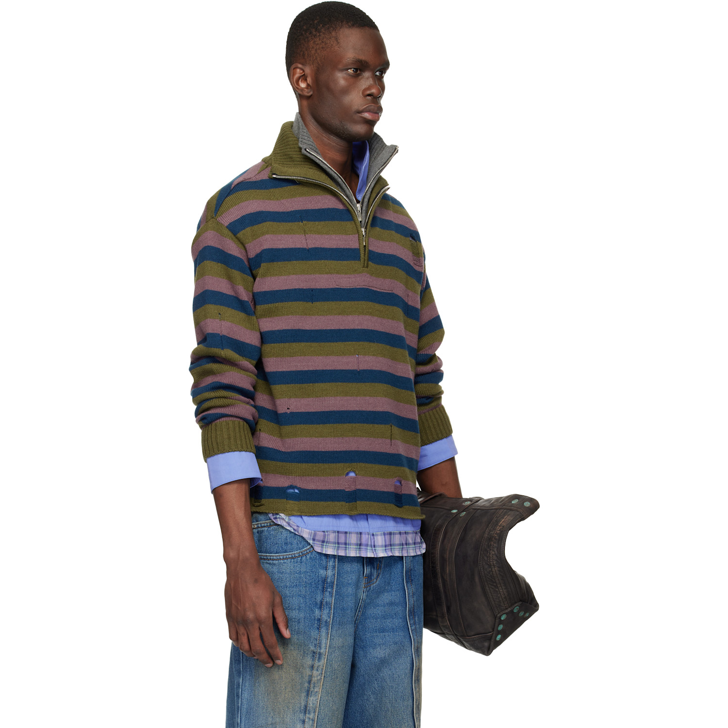  Andersson Bell Blue & Gray Double Layered Stripe Half Zip-up Sweater 