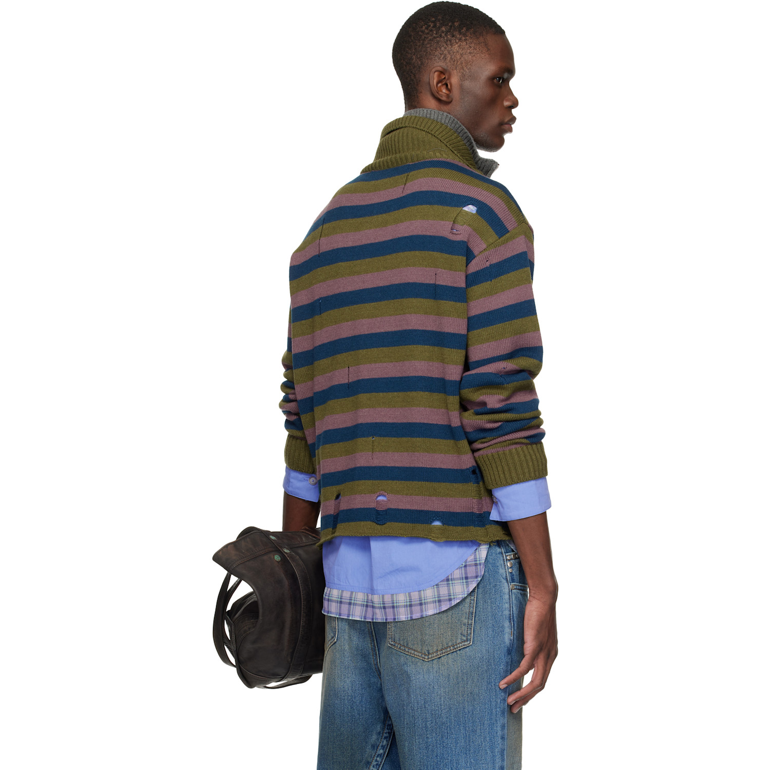  Andersson Bell Blue & Gray Double Layered Stripe Half Zip-up Sweater 