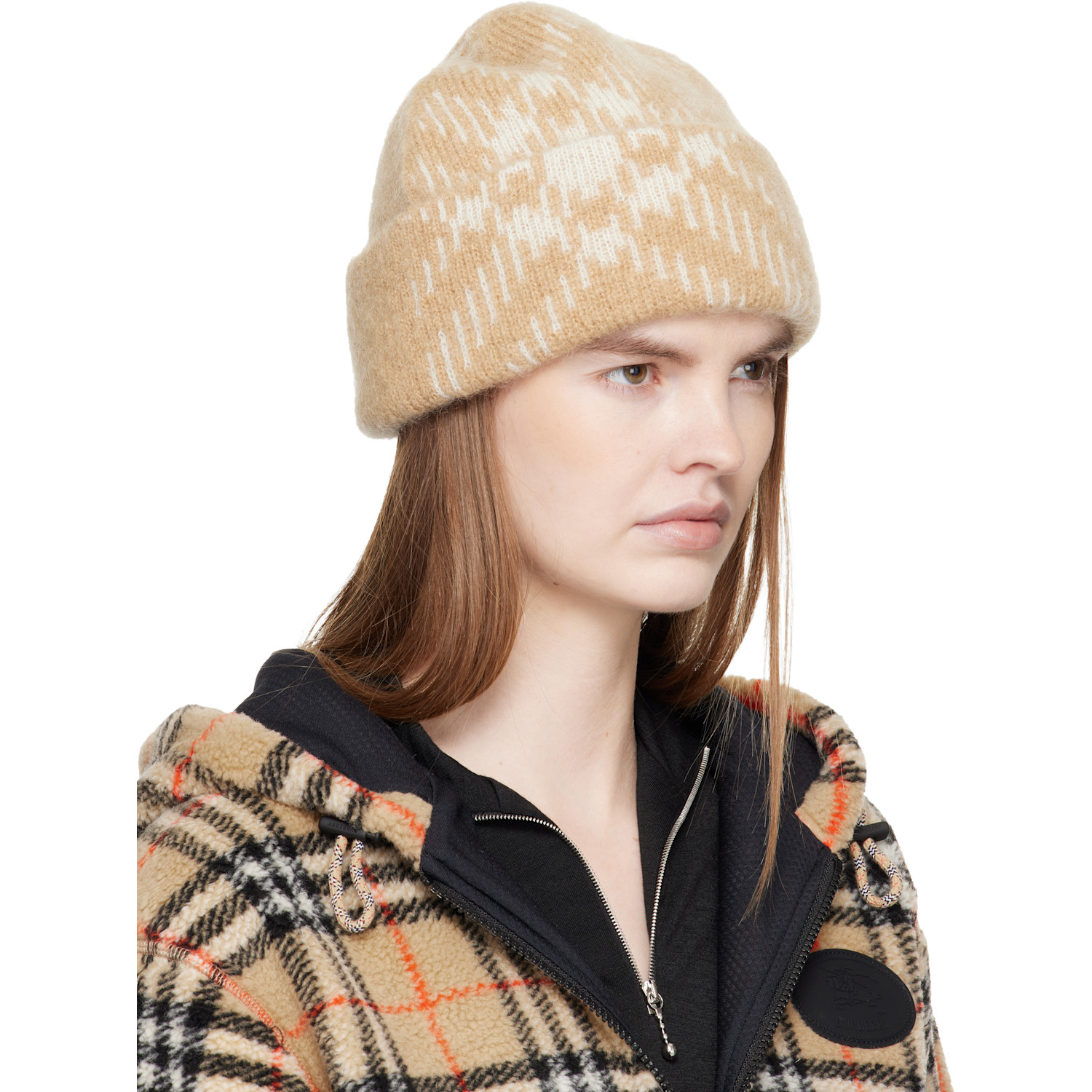 Burberry Beige Check Mohair Wool Blend Beanie 