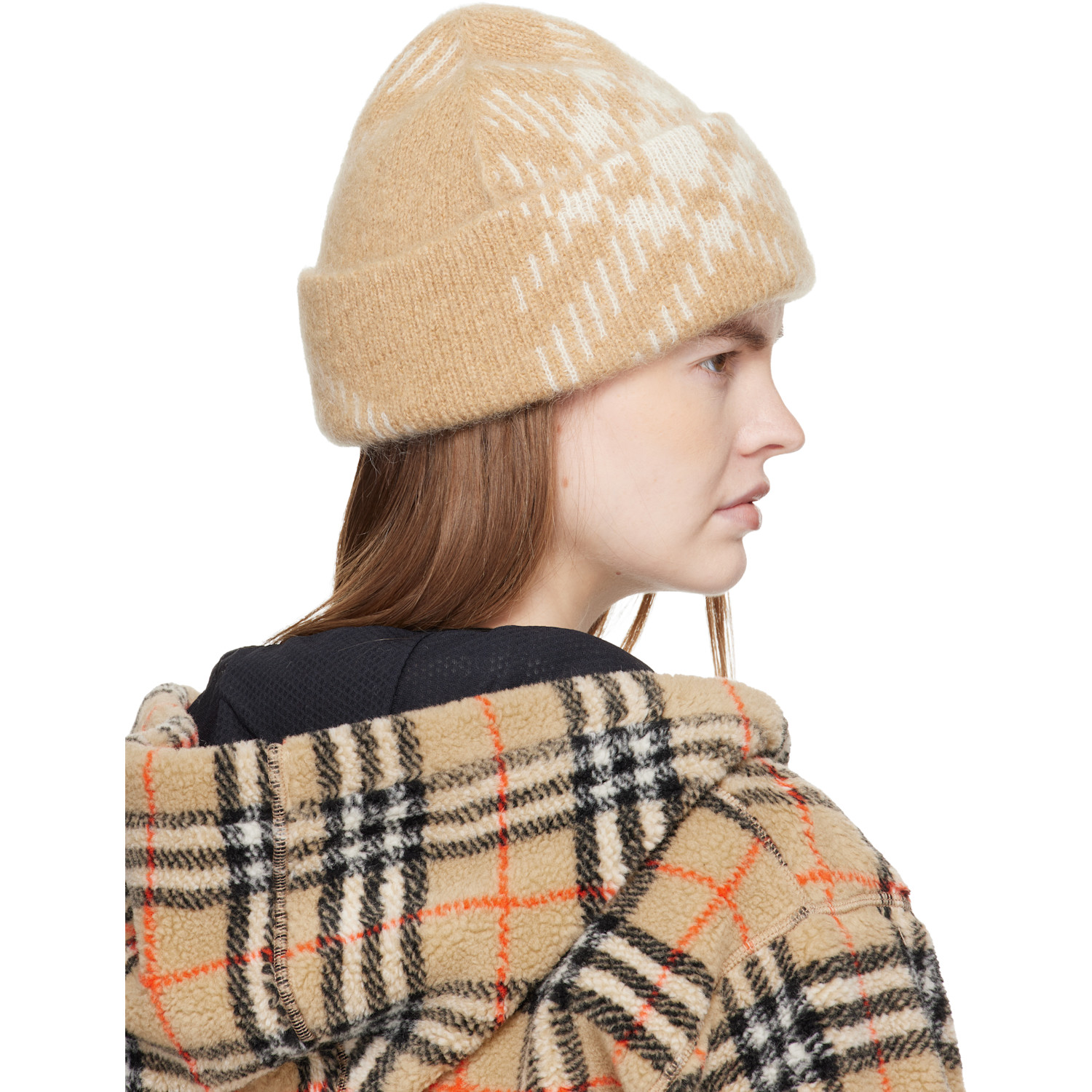  Burberry Beige Check Mohair Wool Blend Beanie 