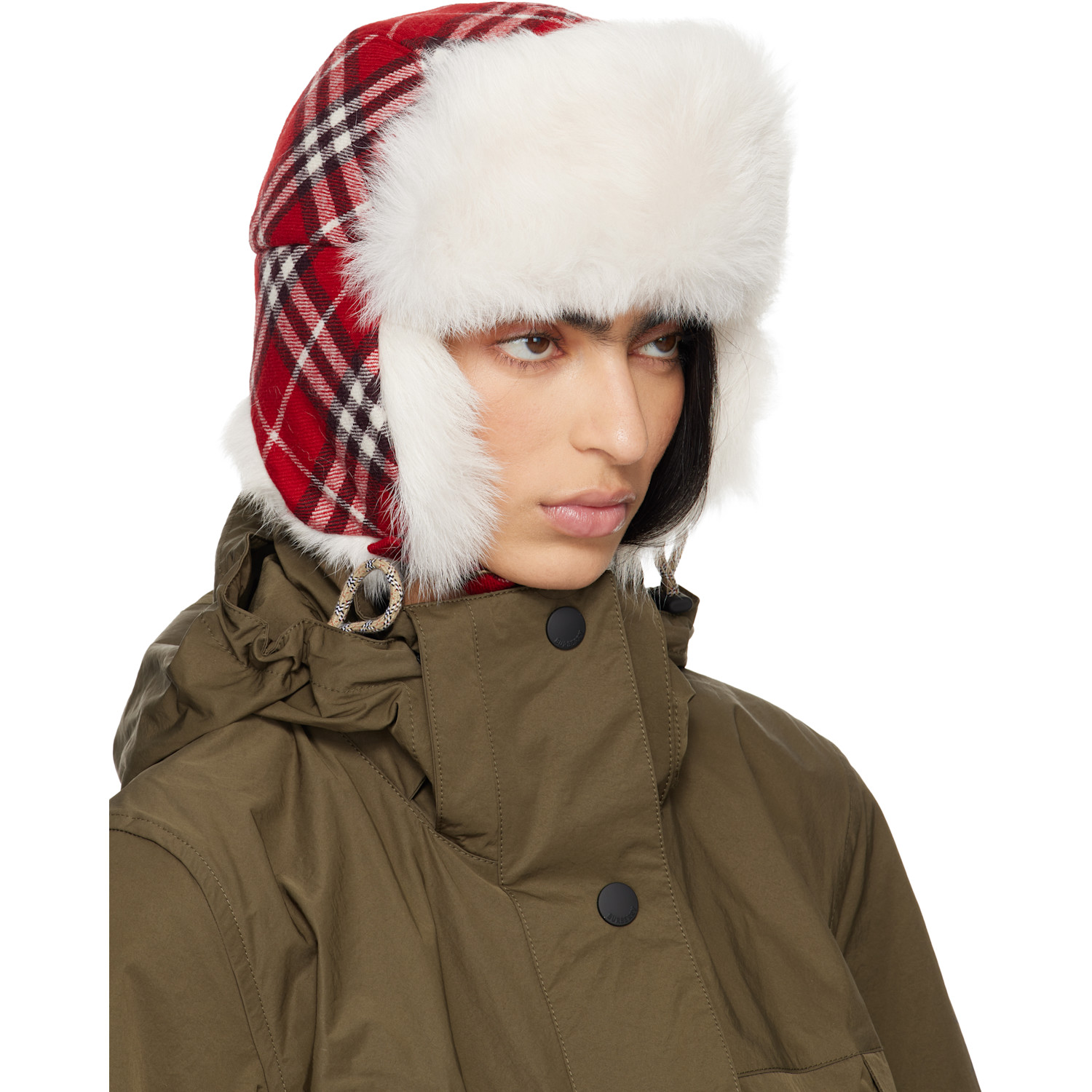  Burberry Red & Off-white Check Wool Trapper Hat 