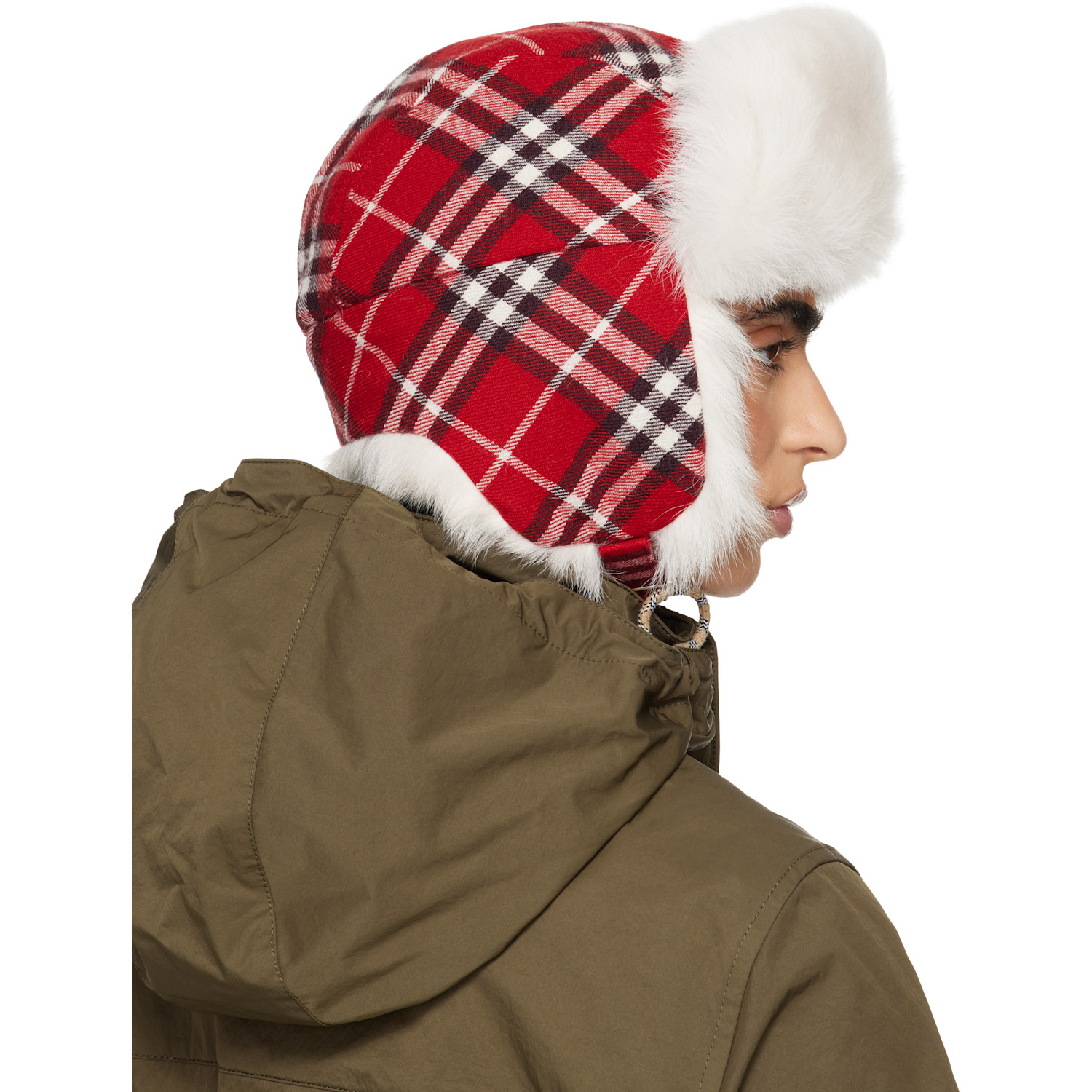  Burberry Red & Off-white Check Wool Trapper Hat 