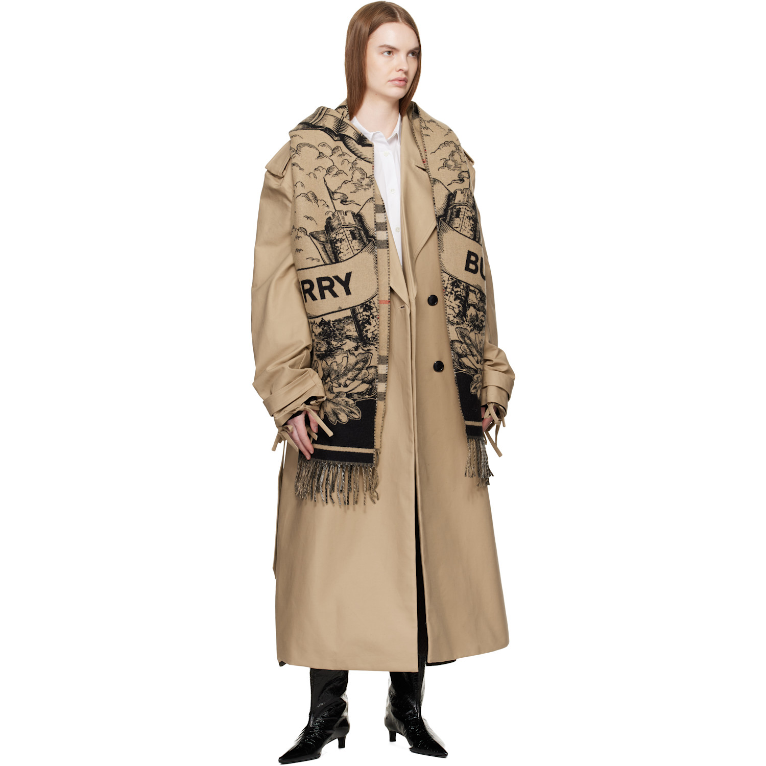  Burberry Beige Wide Reversible Ekd Cashmere Scarf 