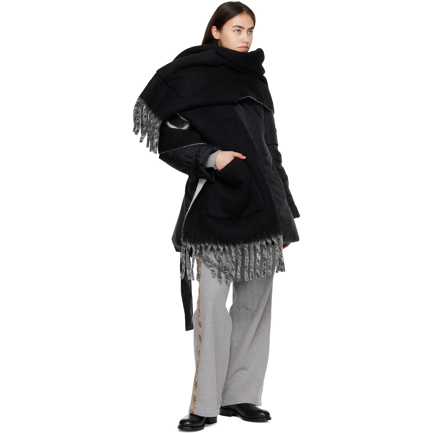  Burberry Black Logo Alpaca Wool Blend Hooded Scarf 