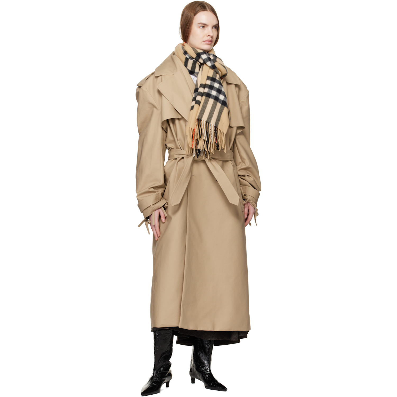  Burberry Beige Wide Cross Stitch Ekd Check Cashmere Scarf 