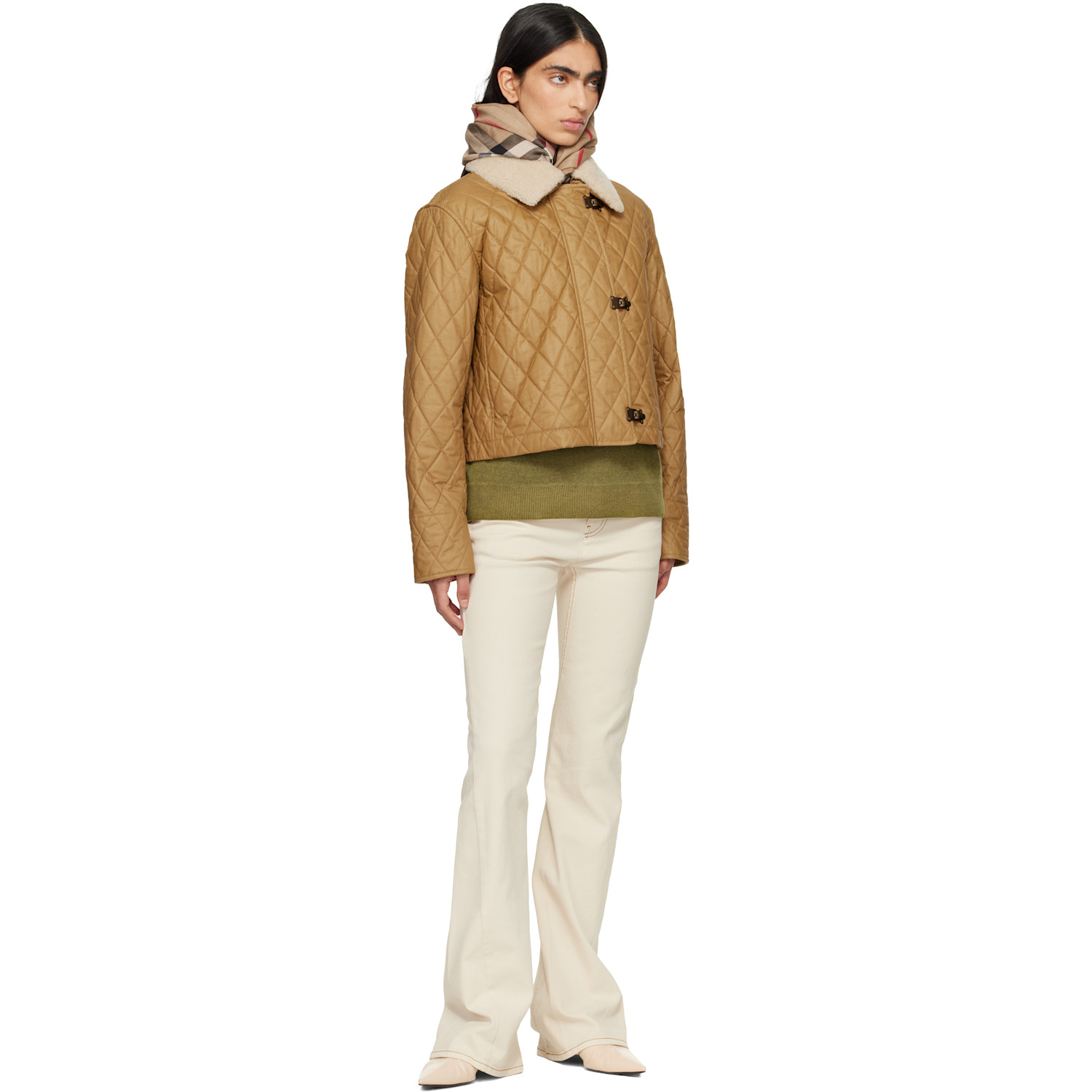  Burberry Beige Wide Check Wool Silk Scarf 