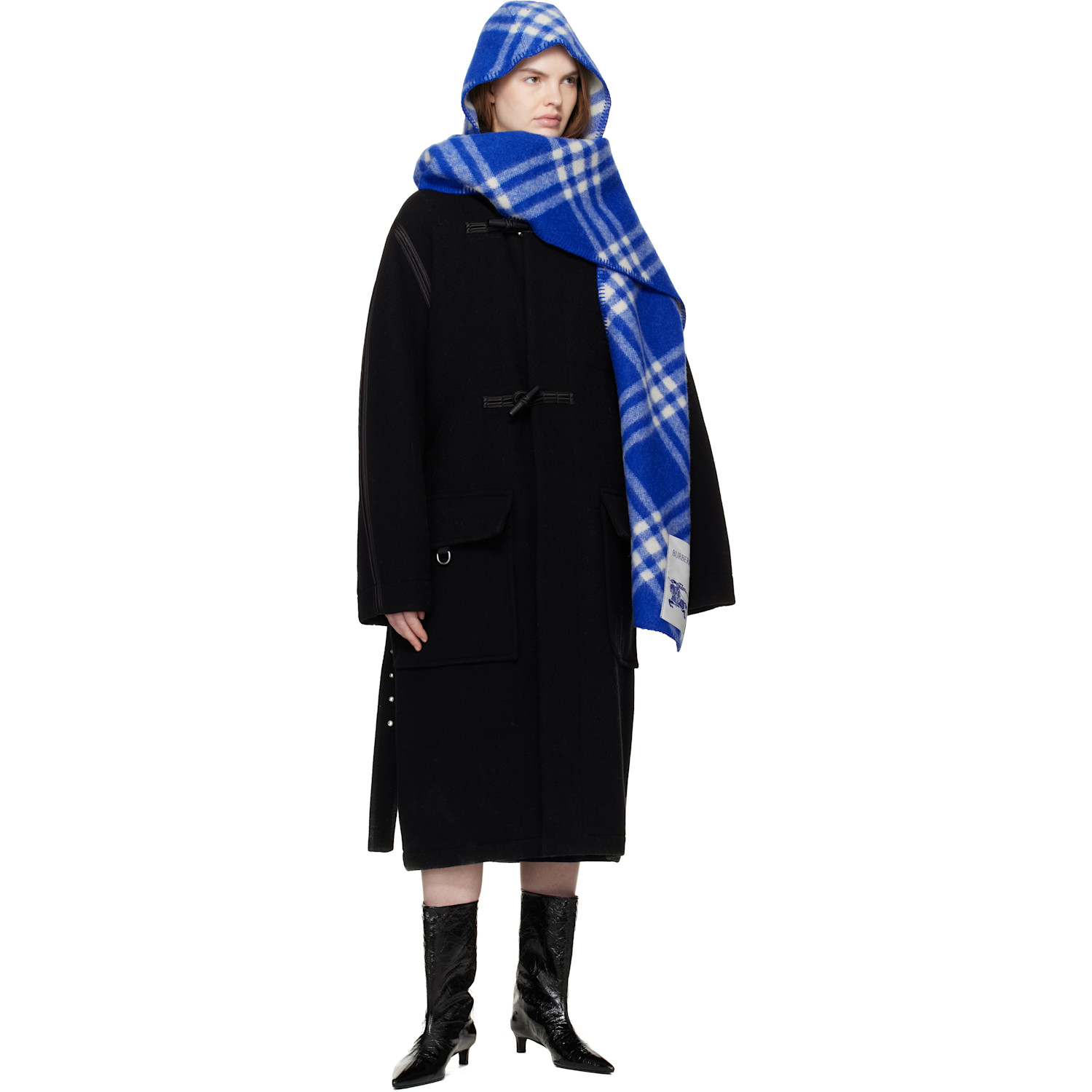  Burberry Blue Check Wool Hooded Scarf 