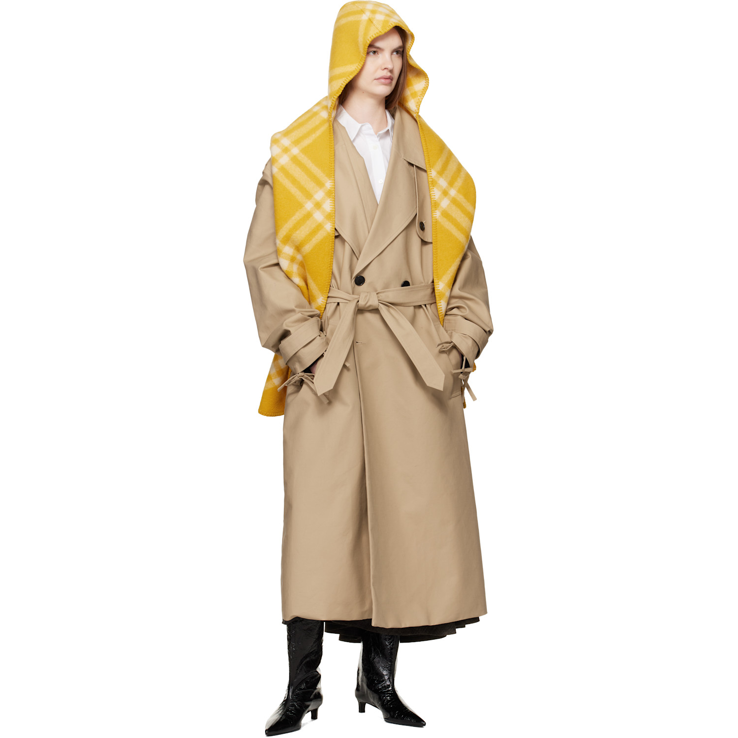  Burberry Yellow Check Wool Hooded Scarf 