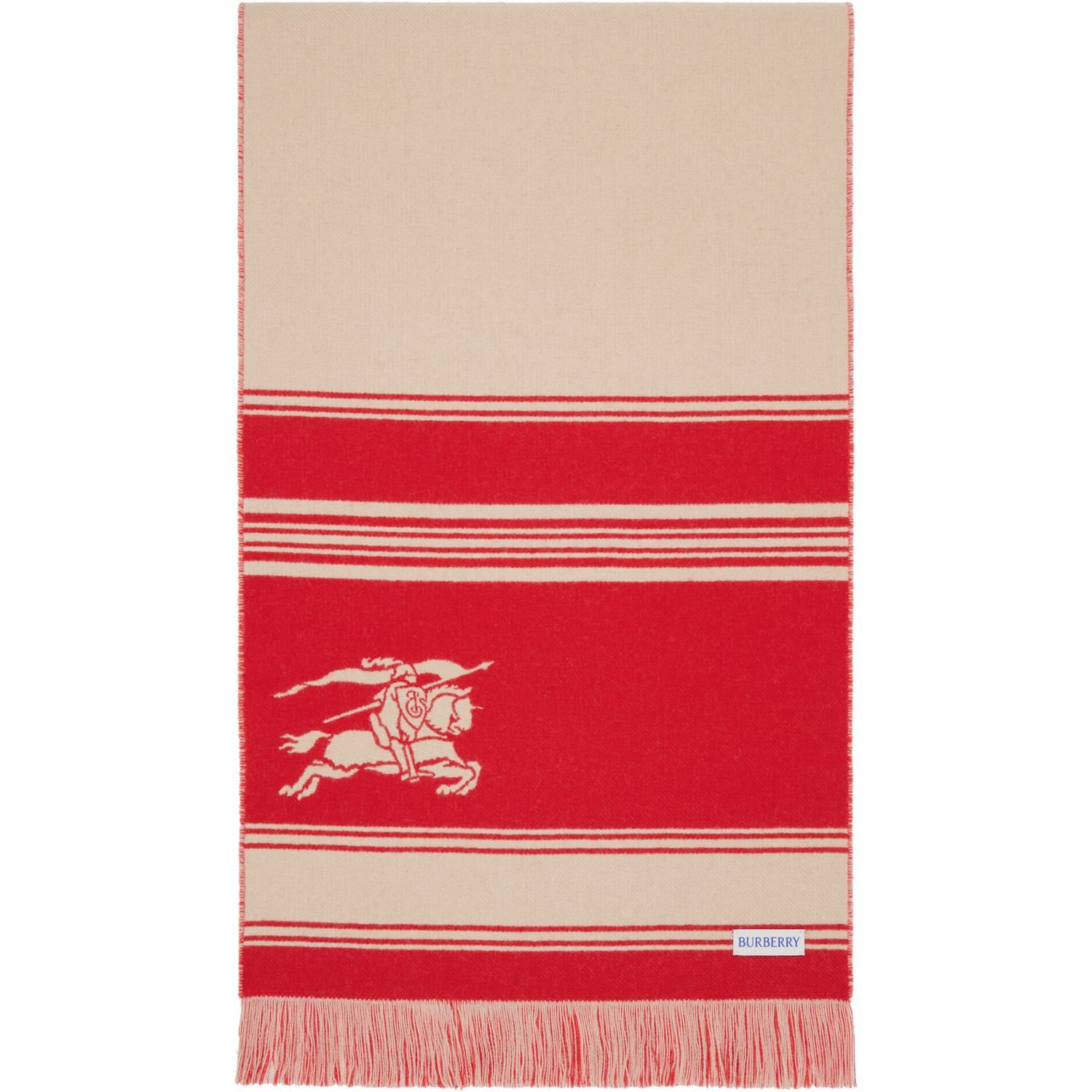  Burberry Red & Beige Ekd Striped Wool Scarf 