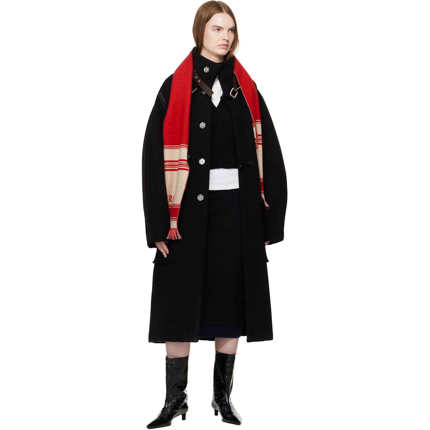  Burberry Red & Beige Ekd Striped Wool Scarf 