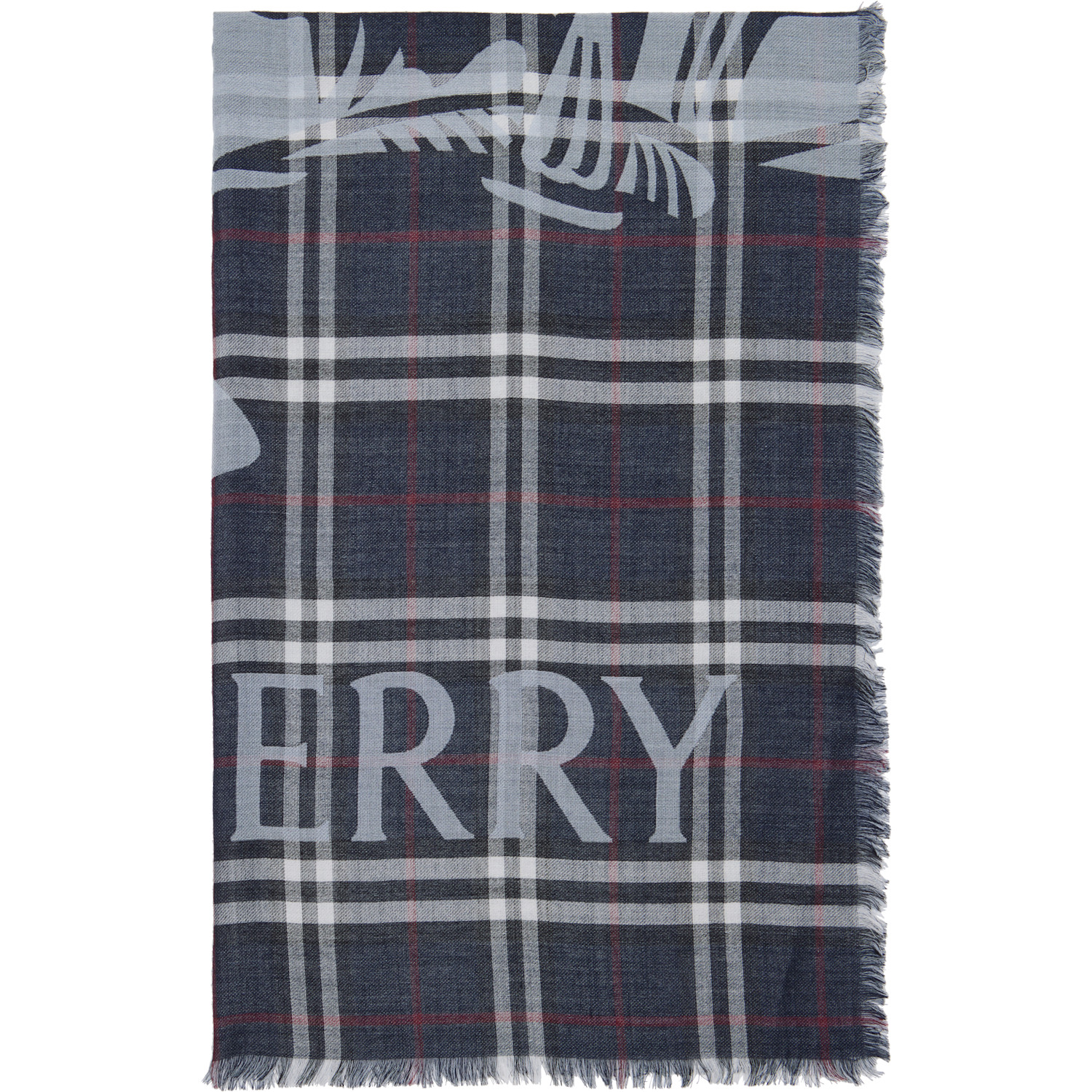 Burberry Navy Wide Ekd Check Wool Silk Scarf 