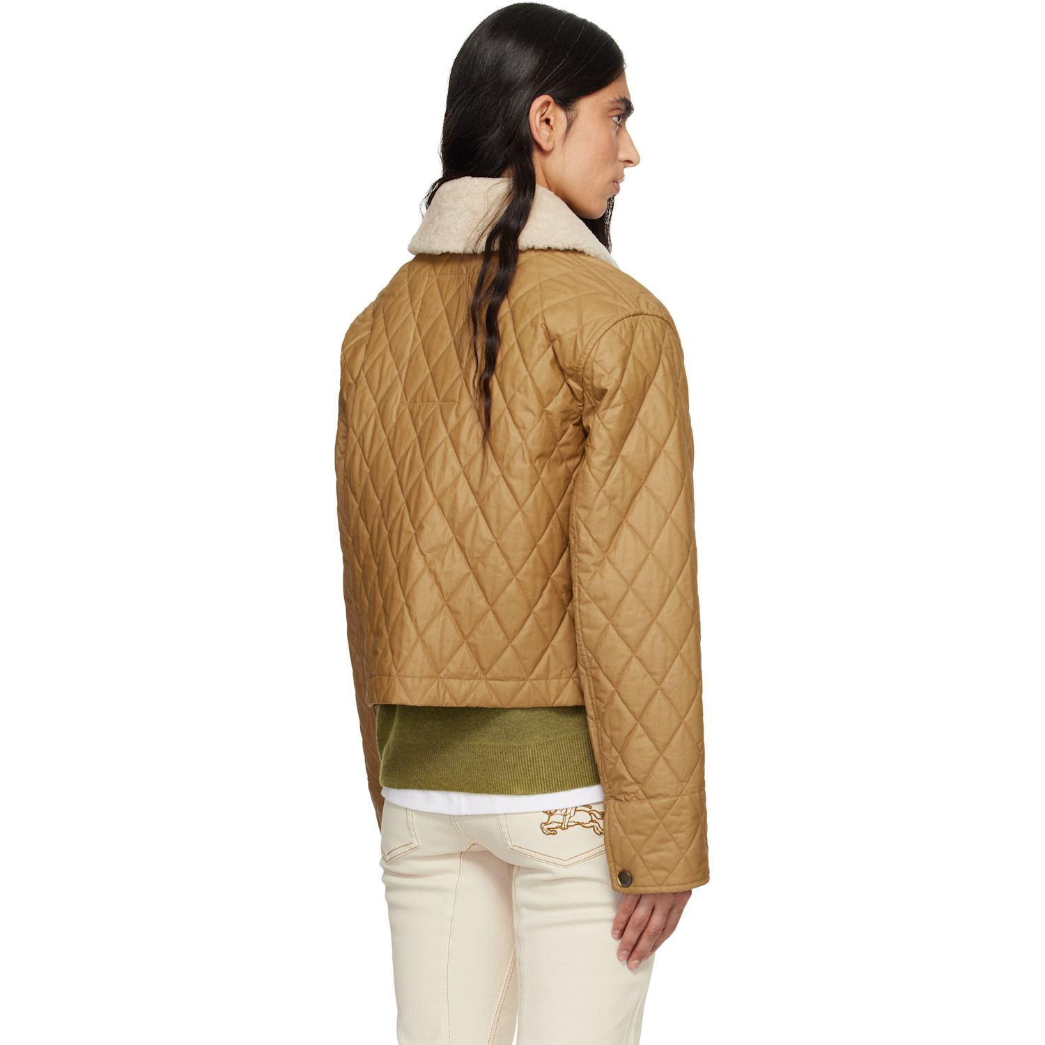  Burberry Brown Shearling Collar Quilted Cotton Howle Jacket 