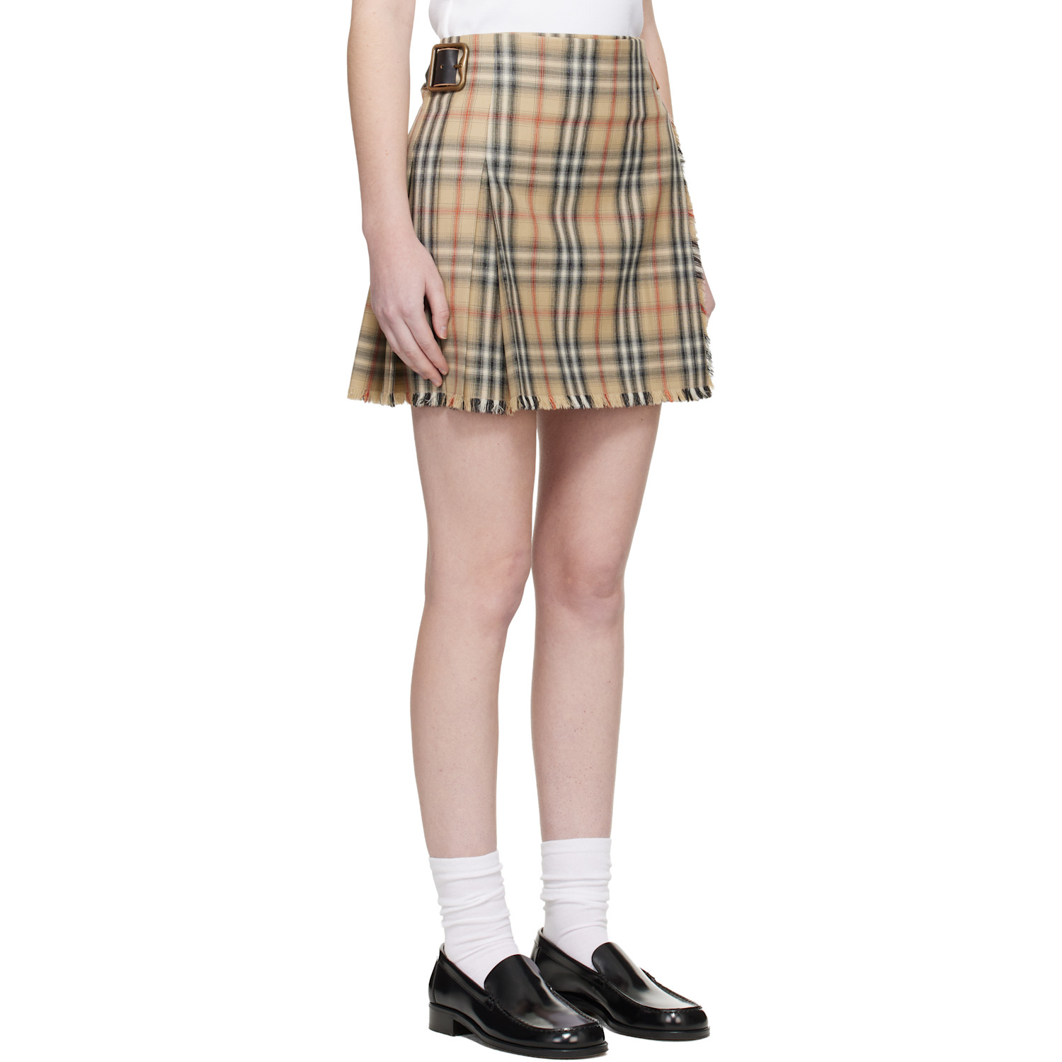  Burberry Beige Check Wool Mini Kilt Miniskirt 