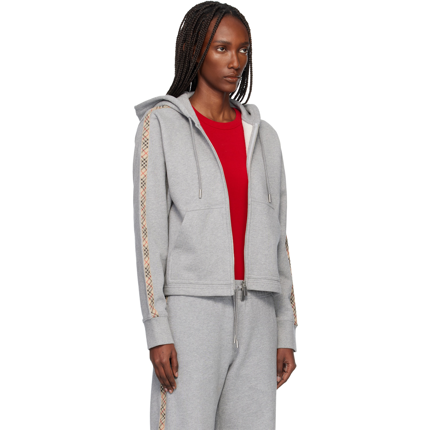  Burberry Gray Check Trim Cotton Zip Hoodie 