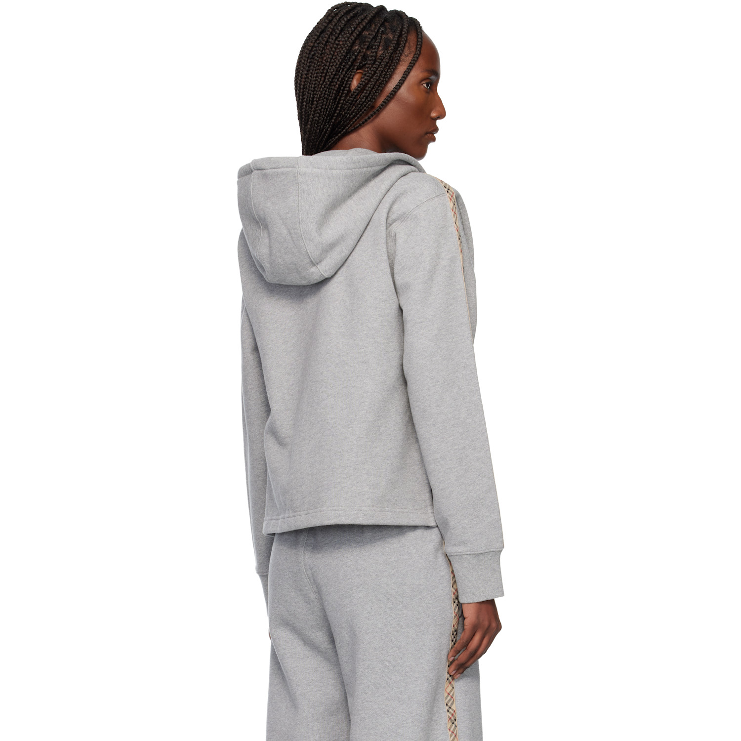  Burberry Gray Check Trim Cotton Zip Hoodie 