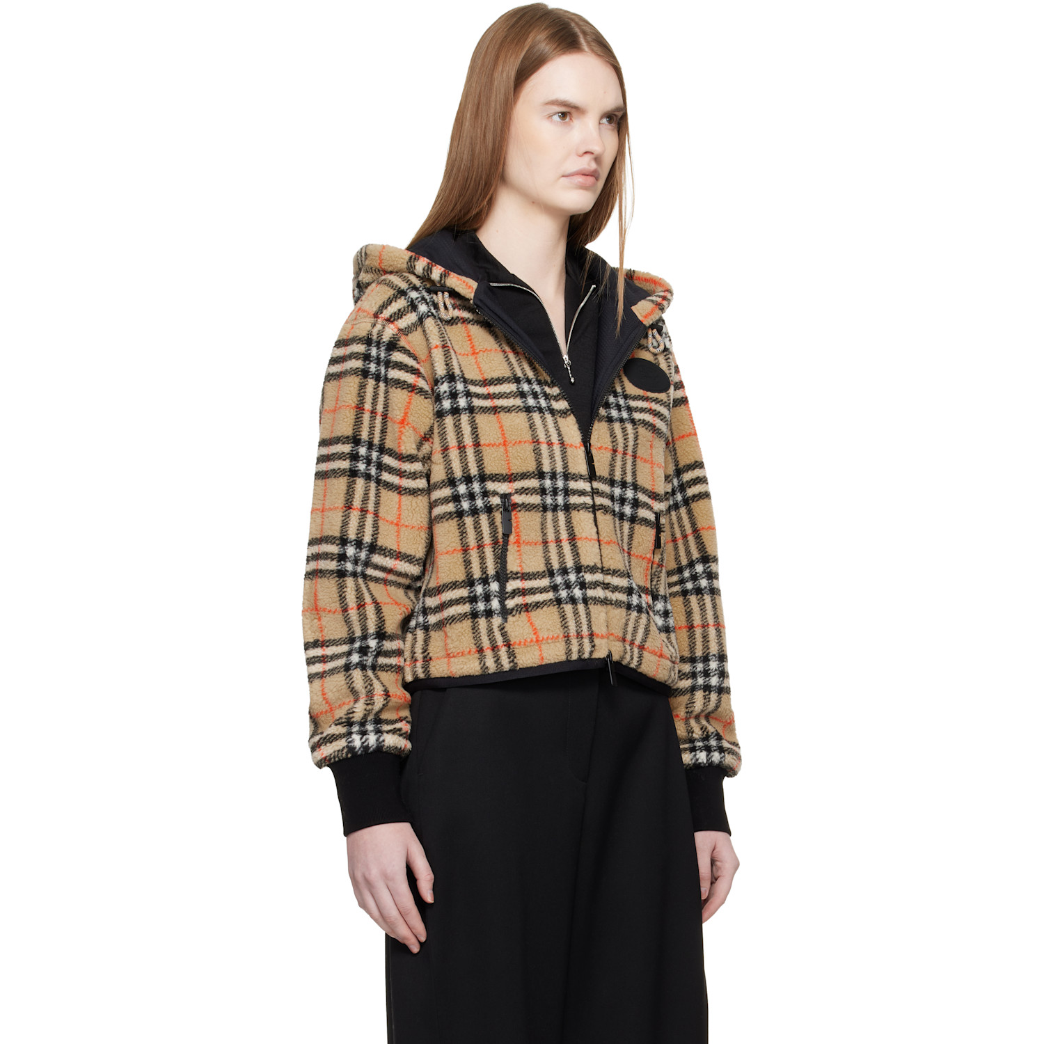  Burberry Beige Cropped Check Fleece Hooded Jacket 