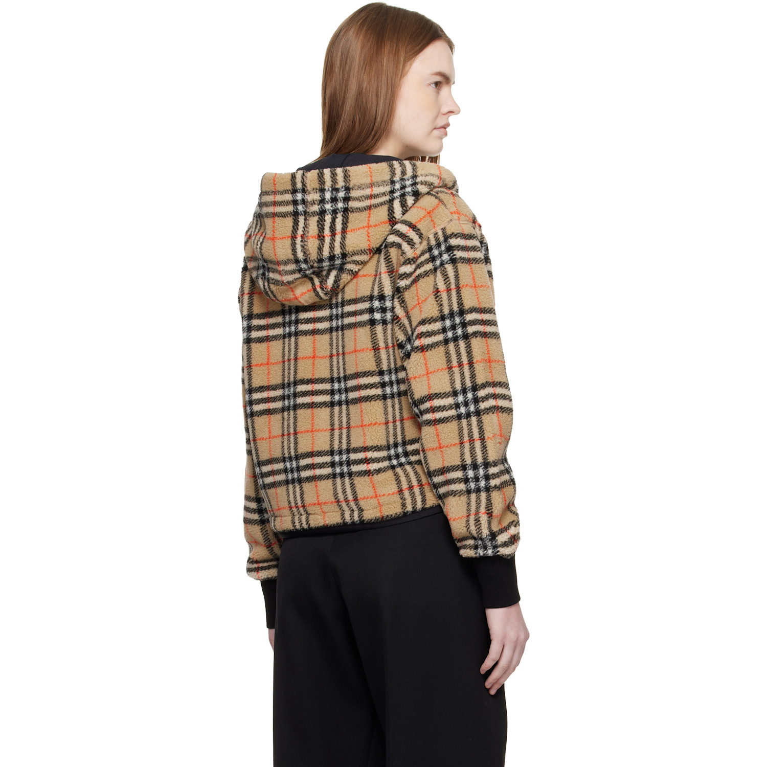  Burberry Beige Cropped Check Fleece Hooded Jacket 