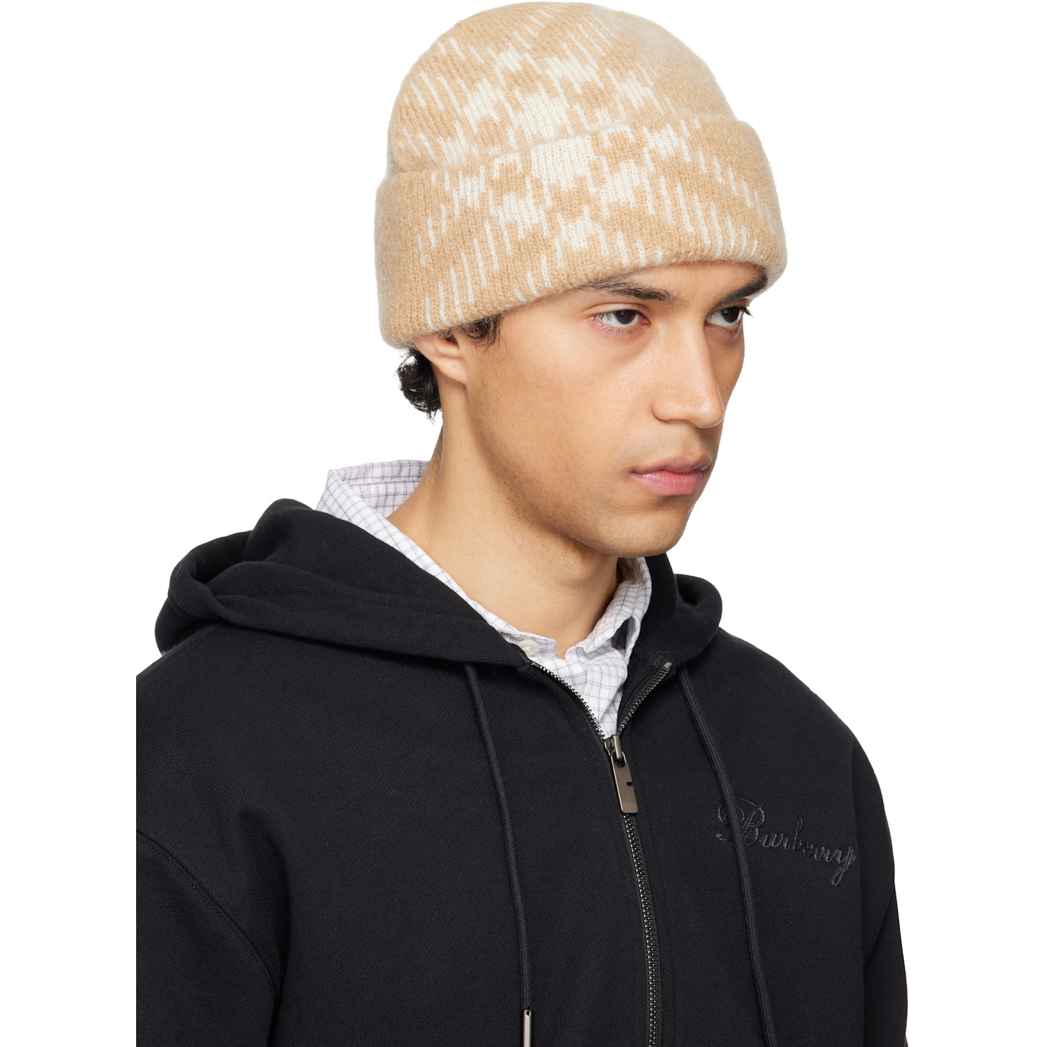  Burberry Beige Check Mohair Wool Blend Beanie 