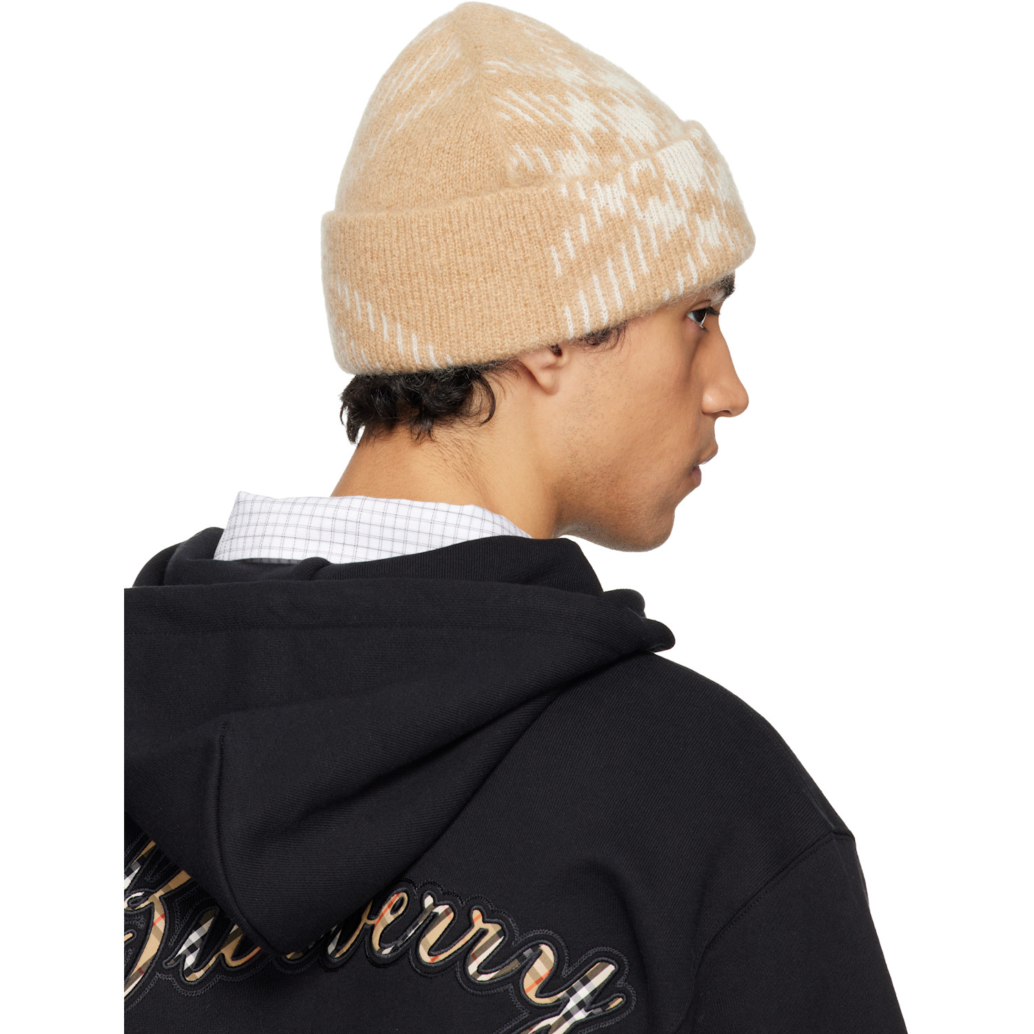  Burberry Beige Check Mohair Wool Blend Beanie 