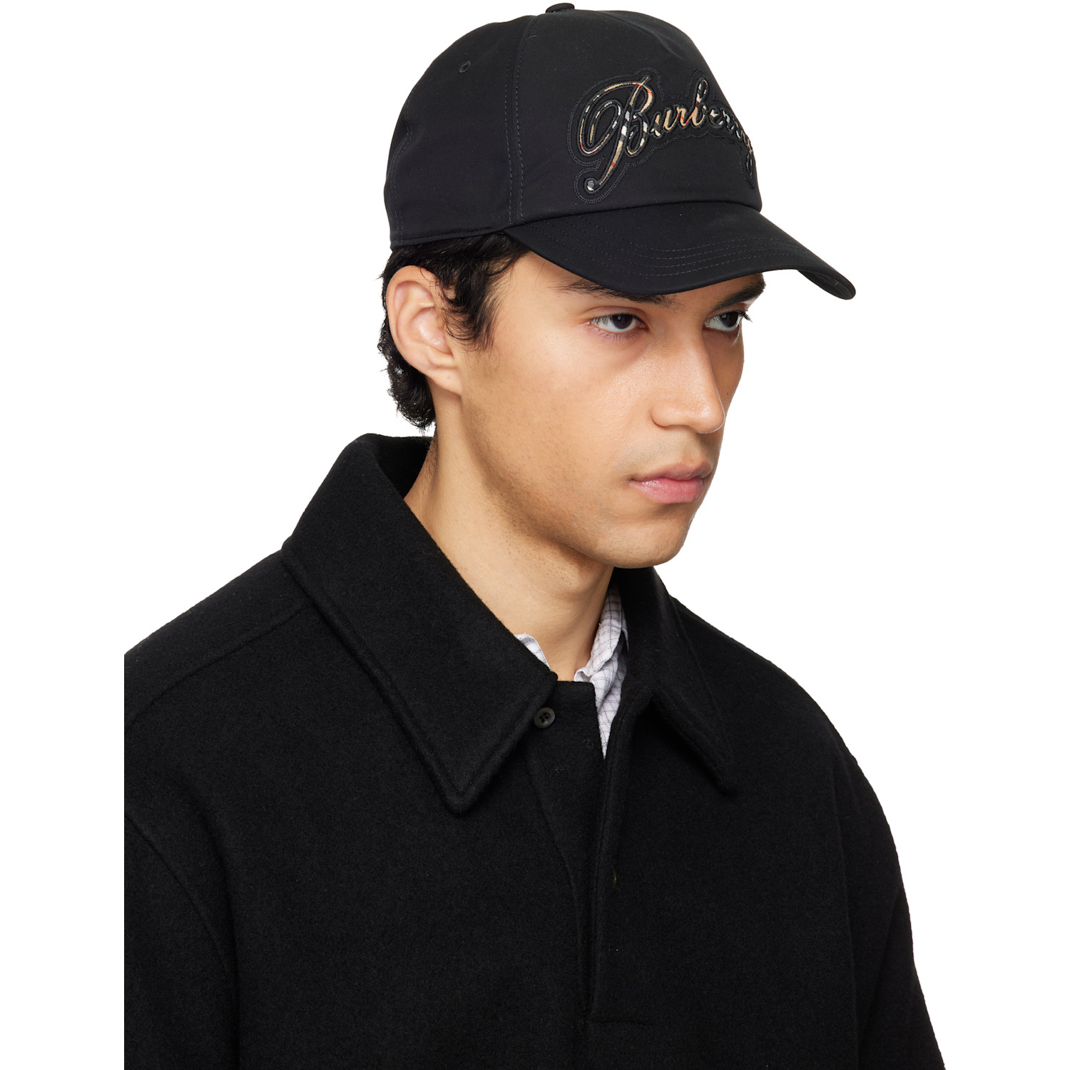  Burberry Black Check Cursive Logo Gabardine Baseball Cap 