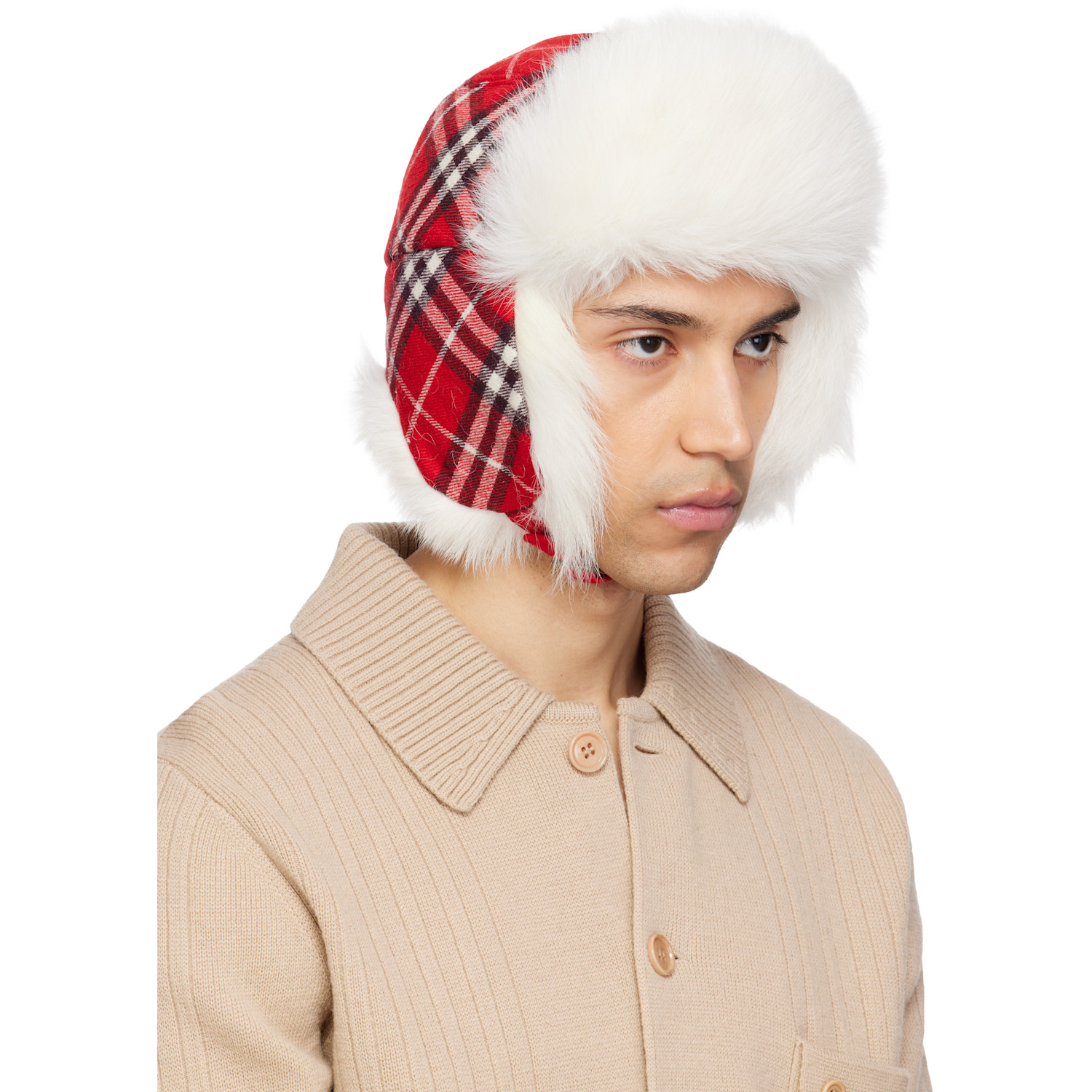  Burberry Red & Off-white Check Wool Trapper Hat 