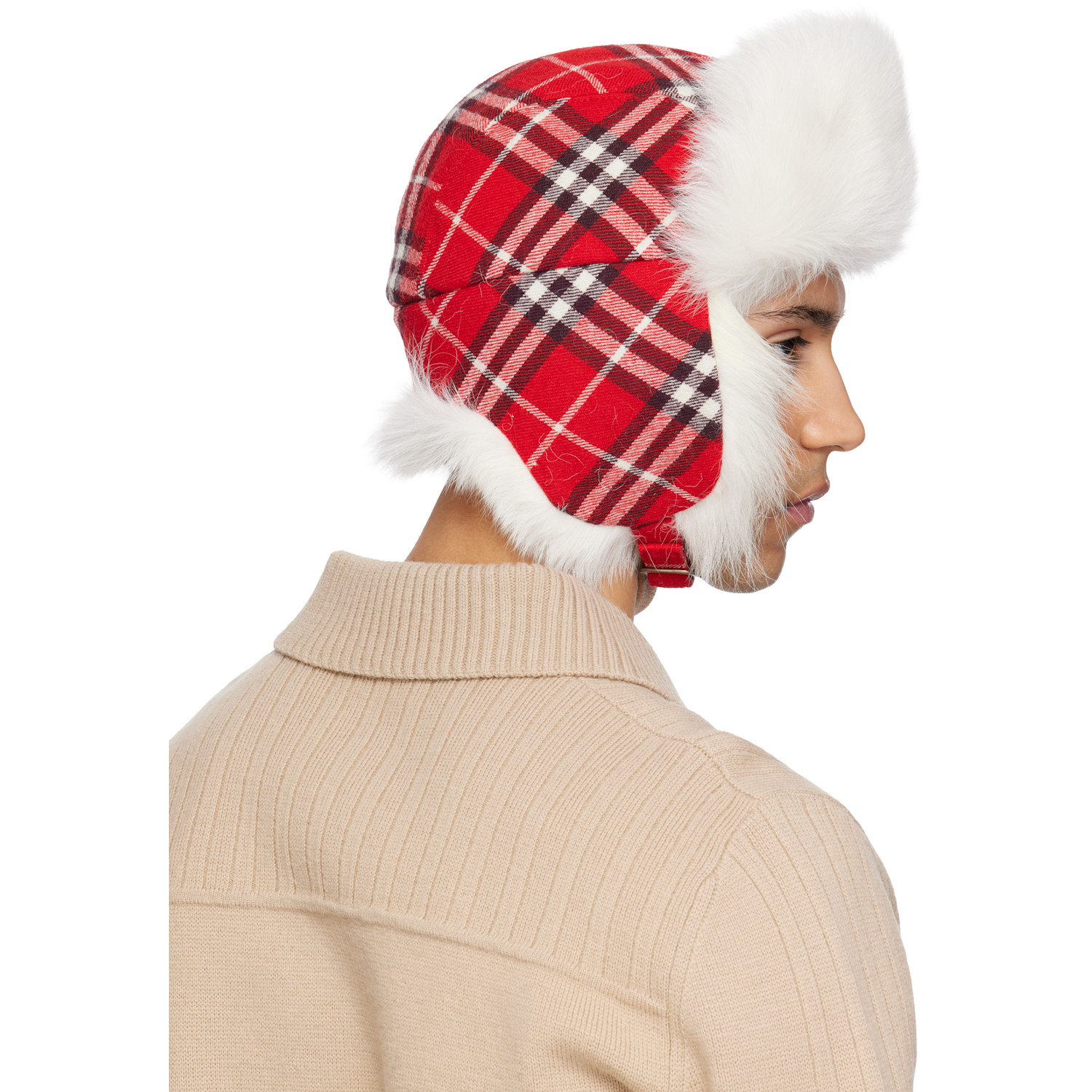  Burberry Red & Off-white Check Wool Trapper Hat 