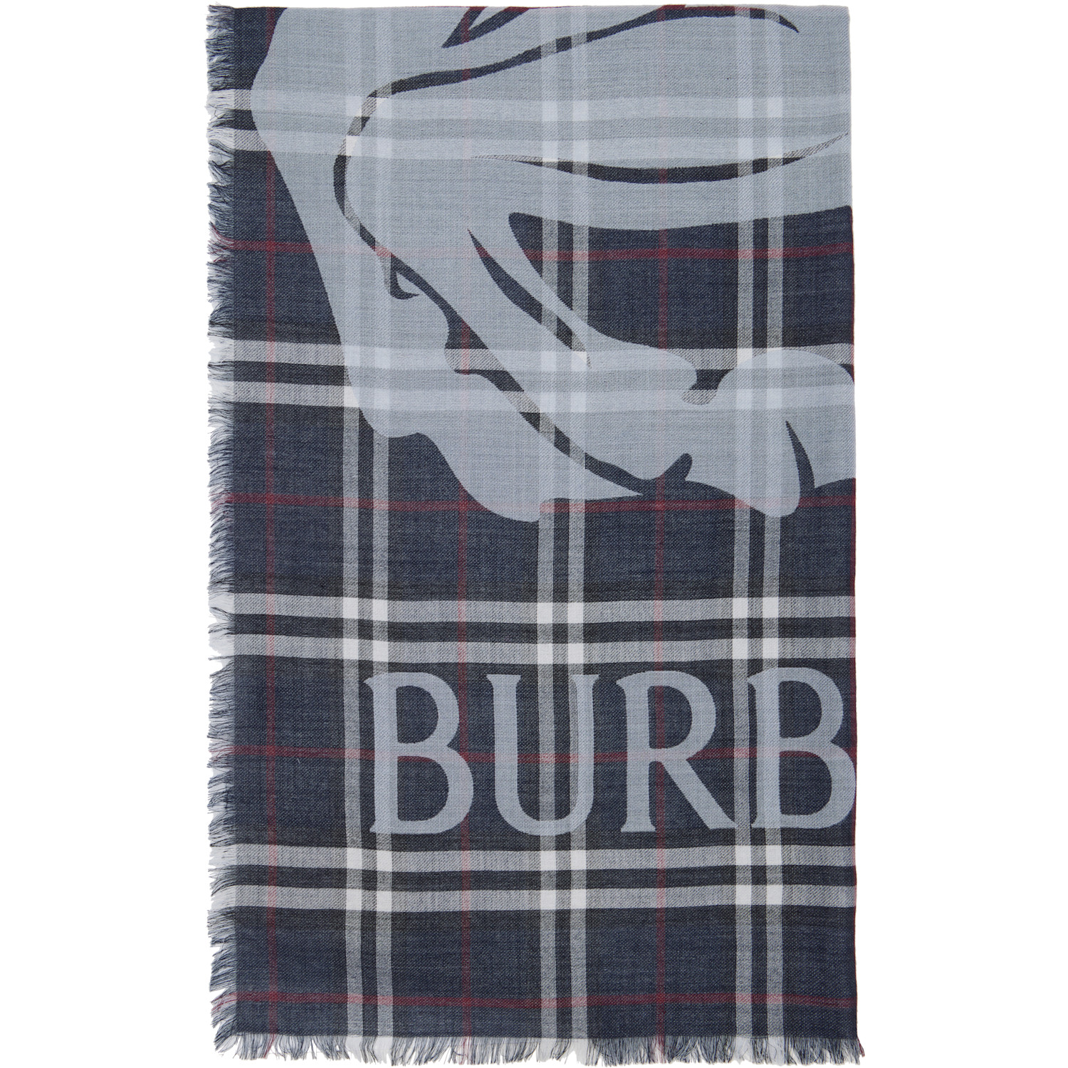  Burberry Navy Wide Ekd Check Wool Silk Scarf 