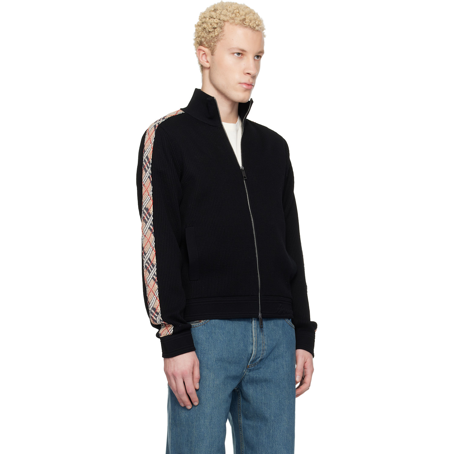  Burberry Black Check Trim Zip-up Sweater 