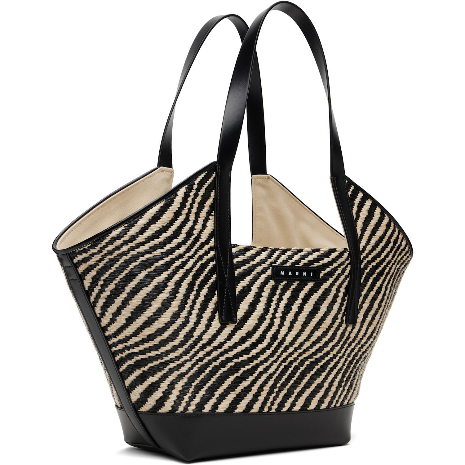  Marni Black & White Raffia-effect Waves Small Tote 
