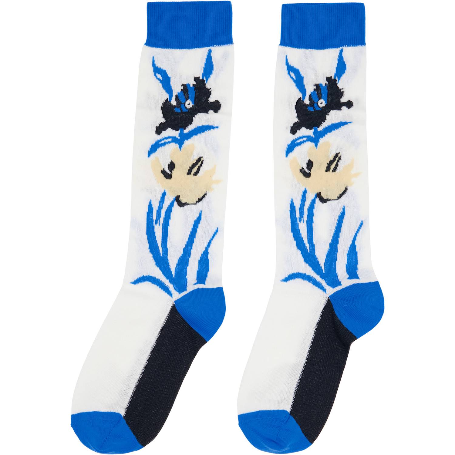 Marni Blue & White Intarsia Flower Mid-calf Socks 