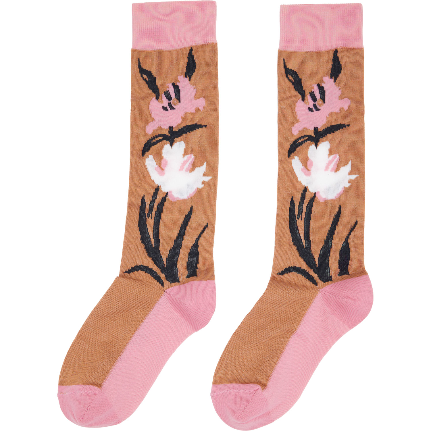 Marni Tan & Pink Intarsia Flower Mid-calf Socks 