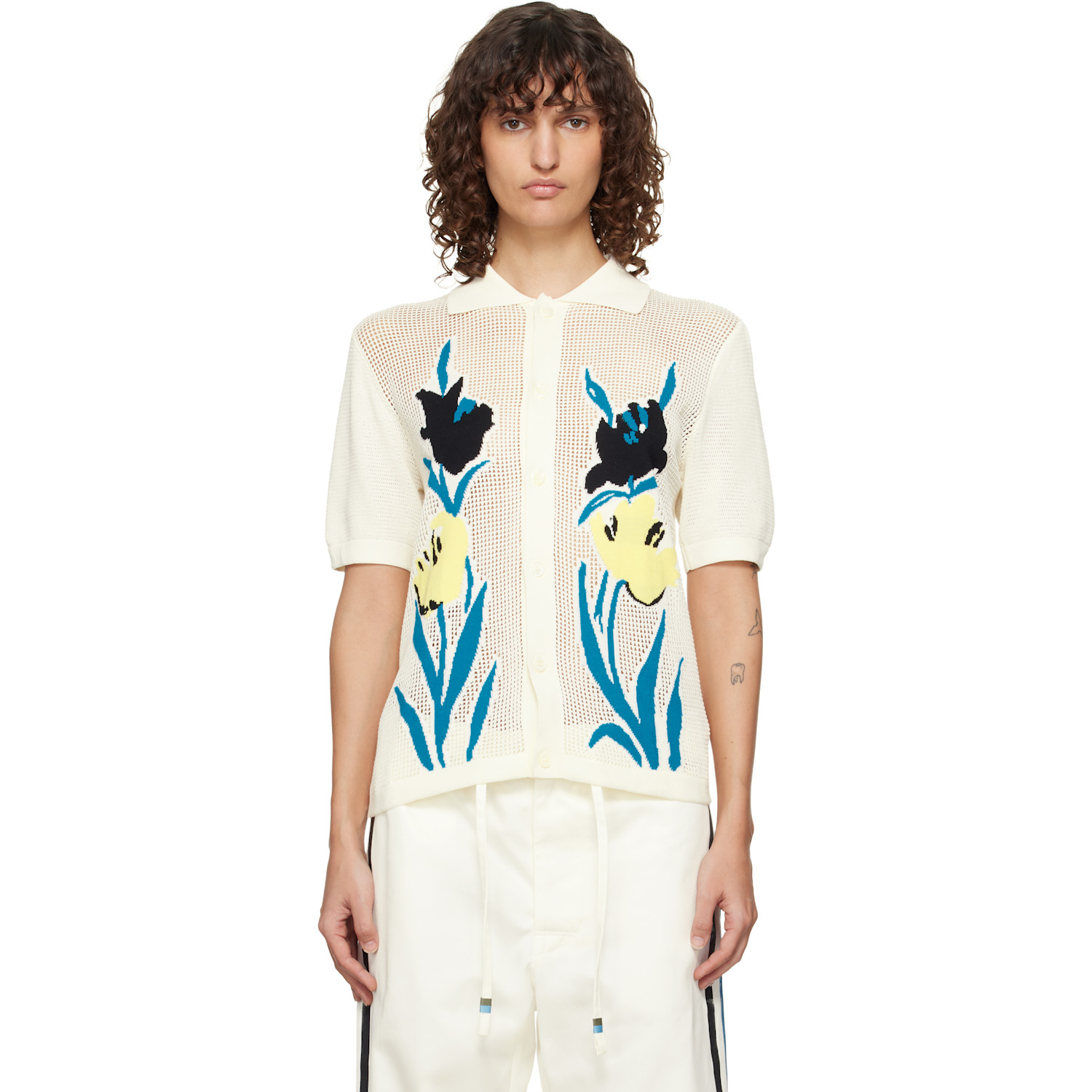 Marni Beige Polo-Collar & Flowers Shirt