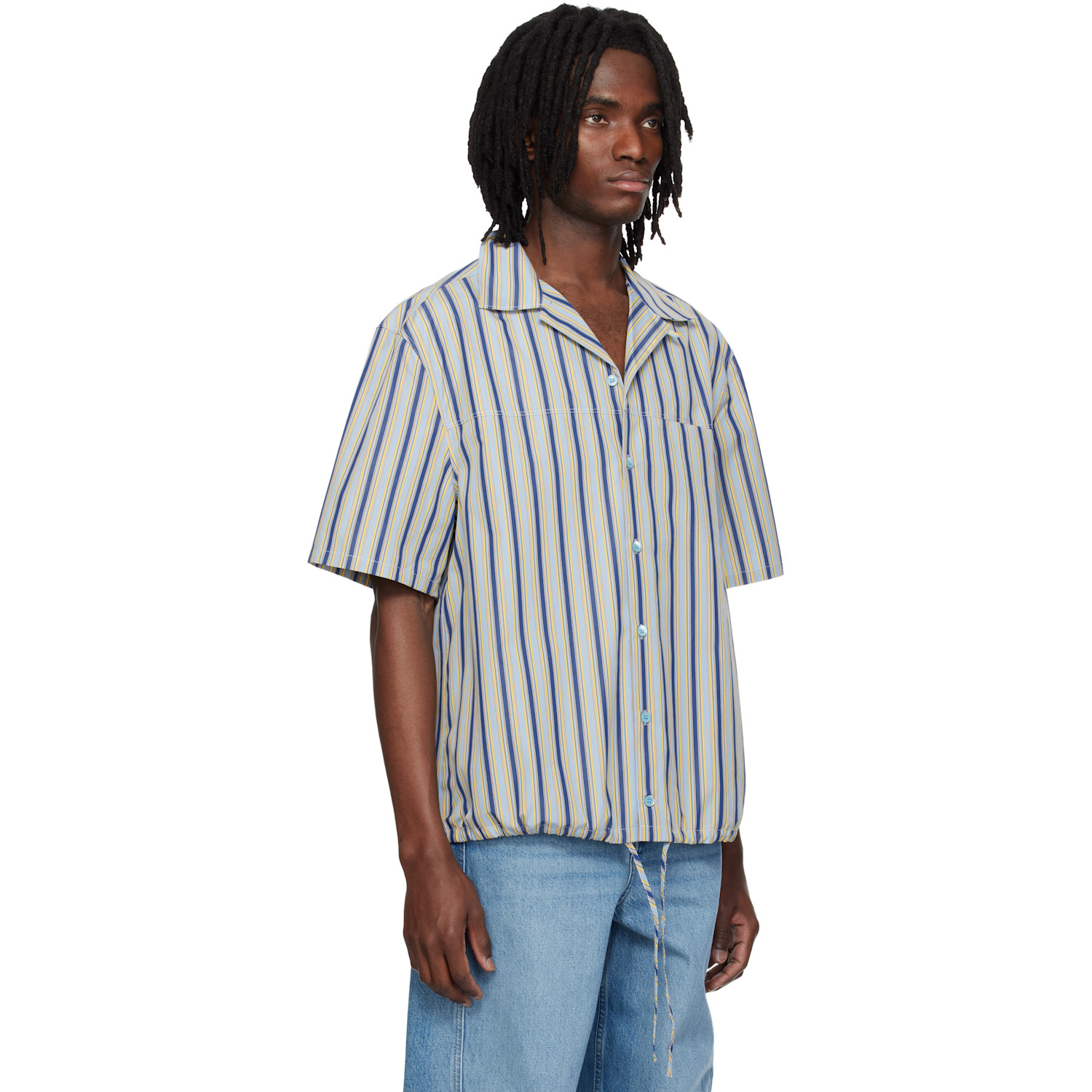  Marni Multicolor Striped Drawstring Hem Cotton Shirt 