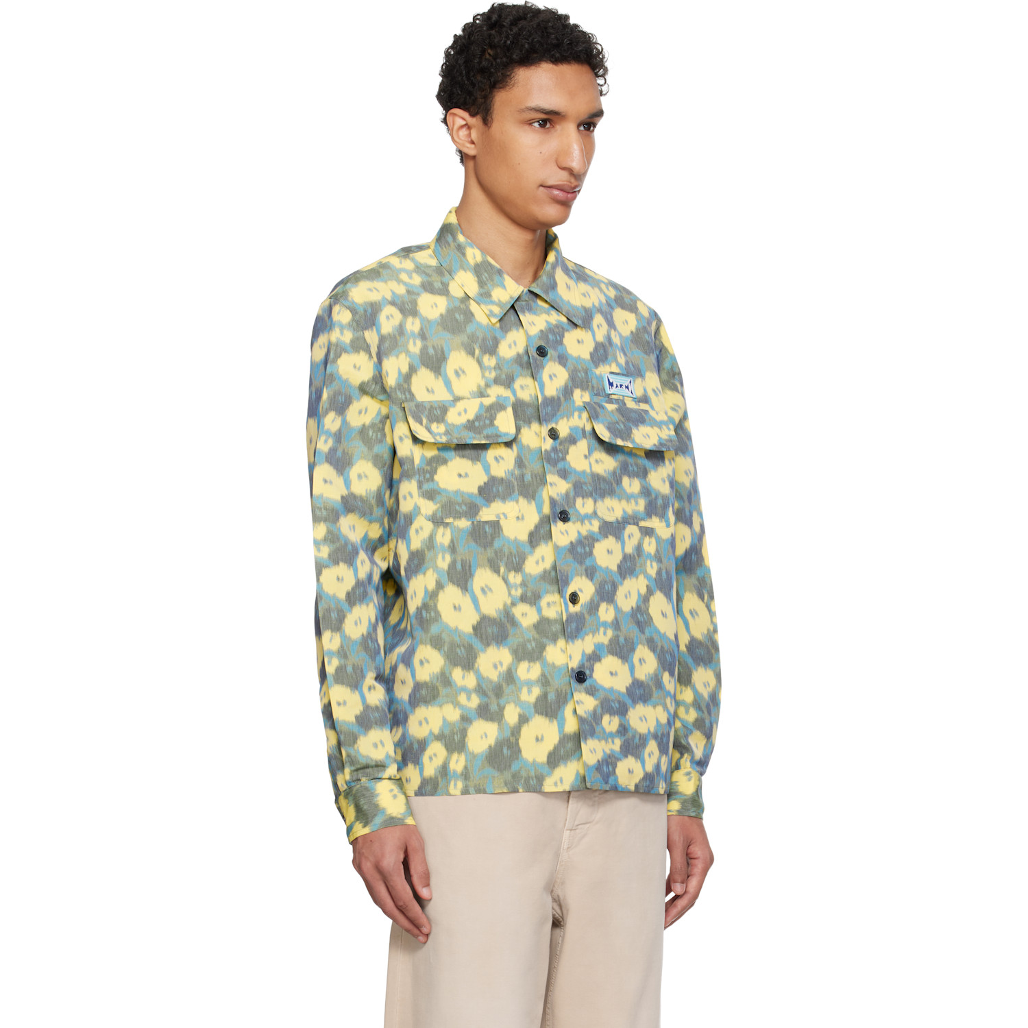  Marni Green & Yellow Linen Blend Blurry Floral Print Shirt 