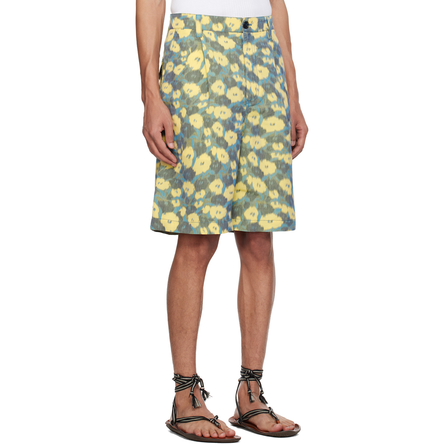  Marni Green & Yellow Linen Blend Blurry Floral Print Shorts 