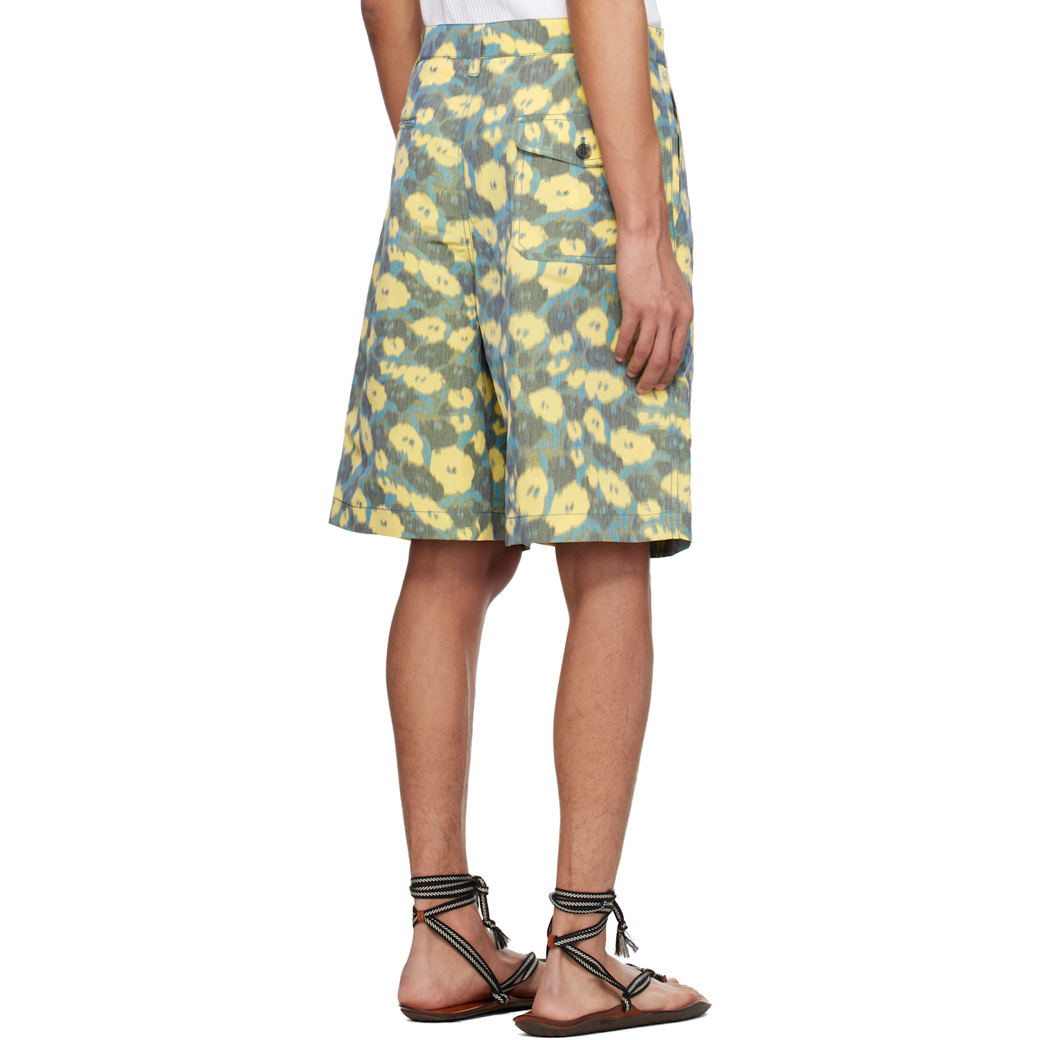  Marni Green & Yellow Linen Blend Blurry Floral Print Shorts 