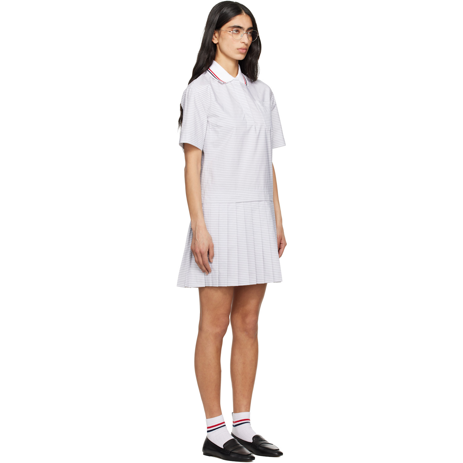  Thom Browne Gray Pleated Polo 4 Bar Stripe Poplin Minidress 