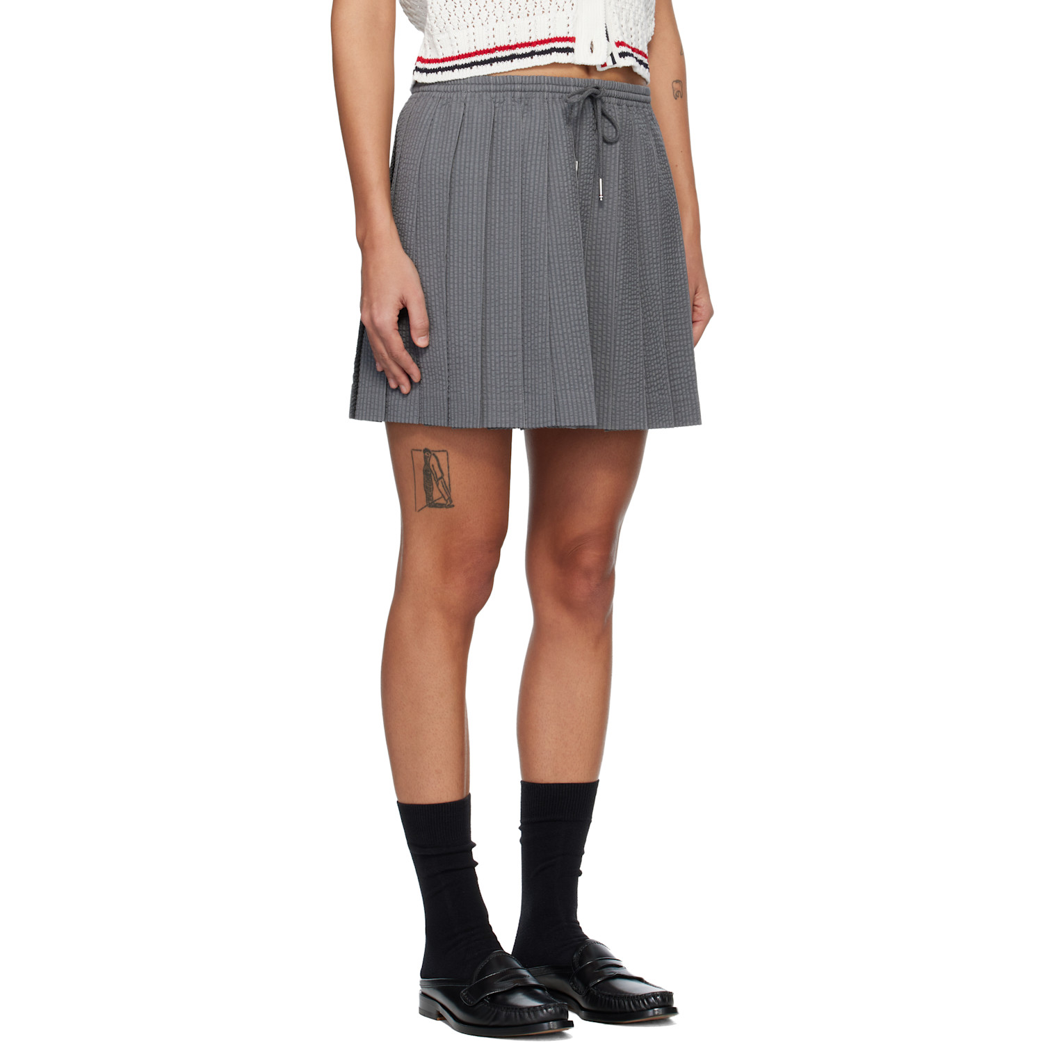  Thom Browne Gray Wool Seersucker Drawstring Pleated Miniskirt 