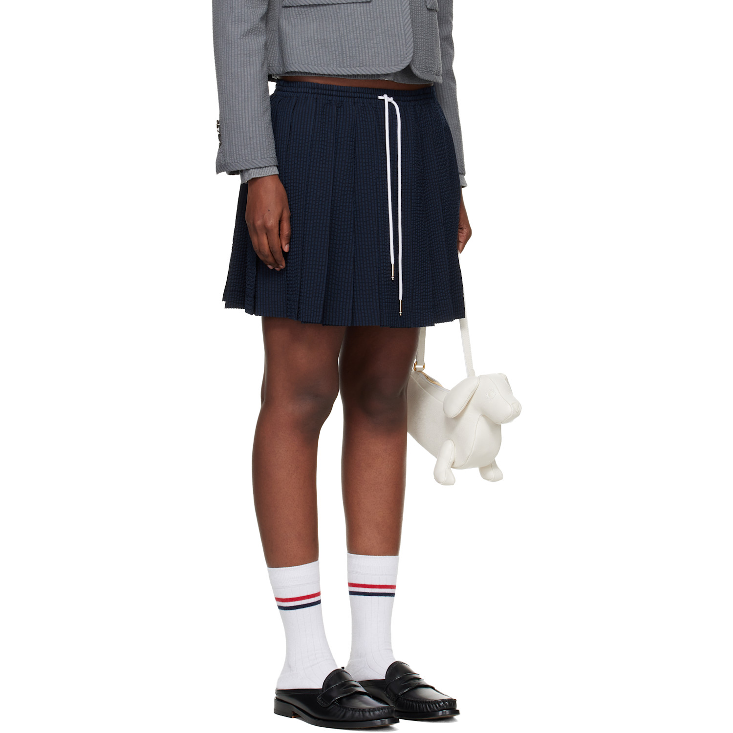  Thom Browne Navy & Black Wool Seersucker Drawstring Pleated Miniskirt 