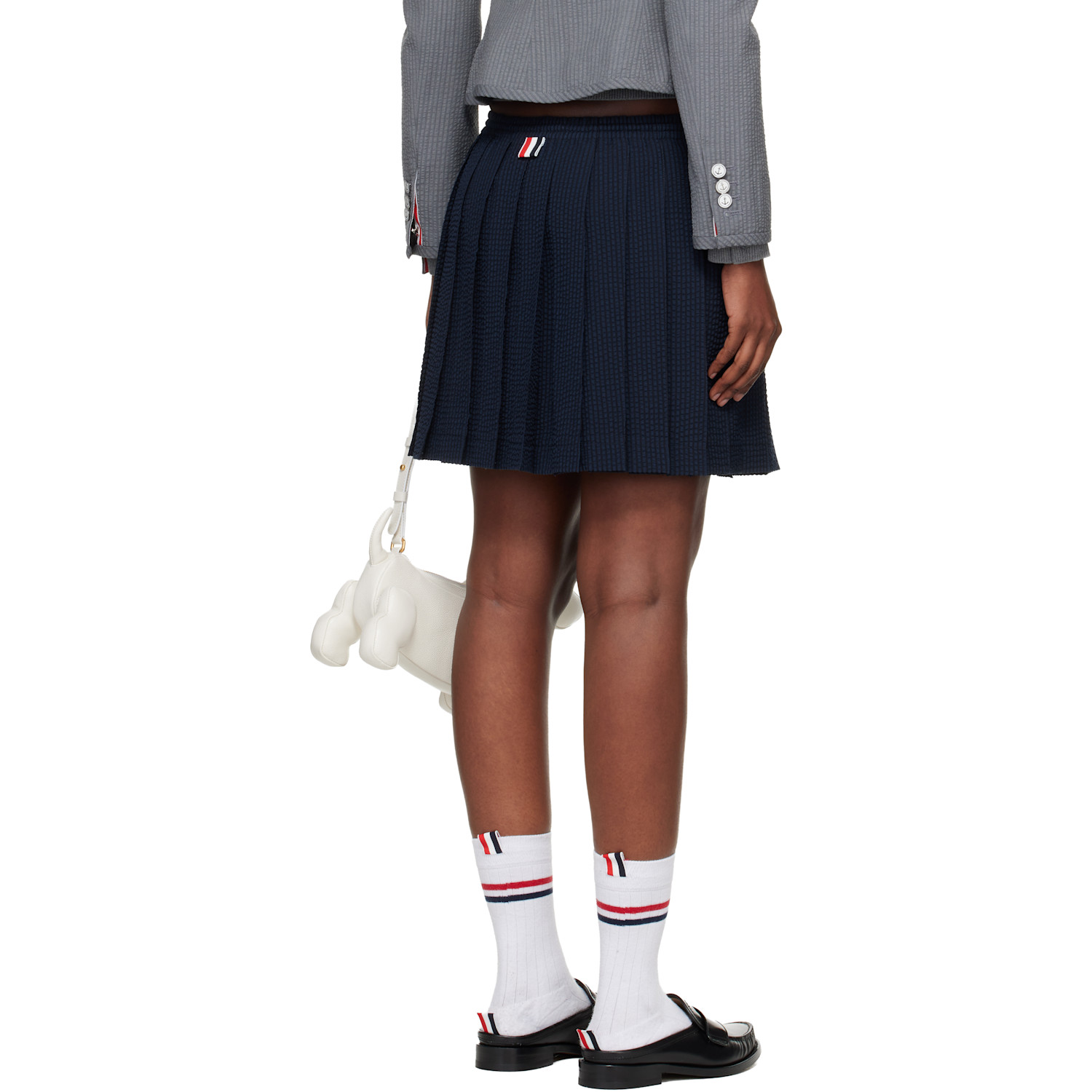  Thom Browne Navy & Black Wool Seersucker Drawstring Pleated Miniskirt 